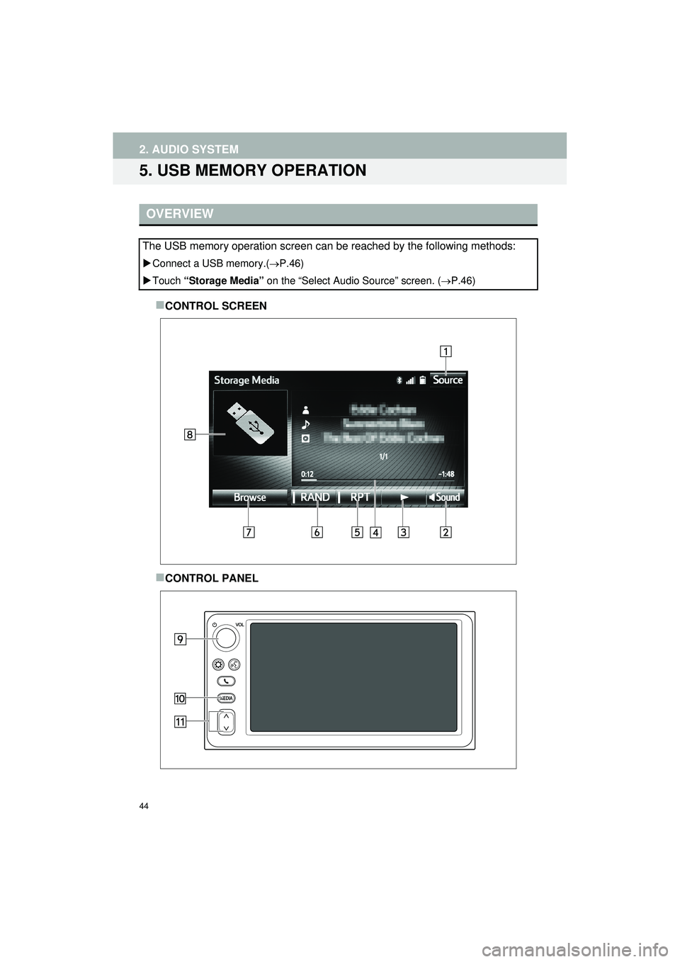 TOYOTA GT86 2018 Accessories, Audio & Navigation (in English) 44
2. AUDIO SYSTEM
Highlander_Navi_MXS
5. USB MEMORY OPERATION
CONTROL SCREEN
CONTROL PANEL
OVERVIEW
The USB memory operation screen can be reached by the following methods:
Connect a USB mem TOYOTA GT86 2018 Accessories, Audio & Navigation (in English) 44
2. AUDIO SYSTEM
Highlander_Navi_MXS
5. USB MEMORY OPERATION
CONTROL SCREEN
CONTROL PANEL
OVERVIEW
The USB memory operation screen can be reached by the following methods:
Connect a USB mem