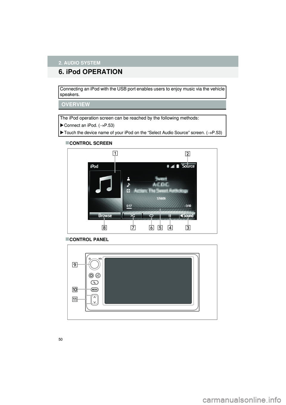 TOYOTA GT86 2018 Accessories, Audio & Navigation (in English) 50
2. AUDIO SYSTEM
Highlander_Navi_MXS
6. iPod OPERATION
CONTROL SCREEN
CONTROL PANEL
Connecting an iPod with the USB port enables users to enjoy music via the vehicle
speakers.
OVERVIEW
The iPo TOYOTA GT86 2018 Accessories, Audio & Navigation (in English) 50
2. AUDIO SYSTEM
Highlander_Navi_MXS
6. iPod OPERATION
CONTROL SCREEN
CONTROL PANEL
Connecting an iPod with the USB port enables users to enjoy music via the vehicle
speakers.
OVERVIEW
The iPo