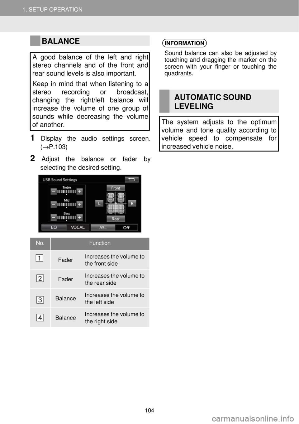TOYOTA GT86 2018 Accessories, Audio & Navigation (in English) 1. SETUP OPERATION 1. SETUP OPERATION
BALANCE
A good balance of the le ft and right
stereo channels and of the front and
rear so und levels is also important.
Keep in mind TOYOTA GT86 2018 Accessories, Audio & Navigation (in English) 1. SETUP OPERATION 1. SETUP OPERATION
BALANCE
A good balance of the le ft and right
stereo channels and of the front and
rear so und levels is also important.
Keep in mind