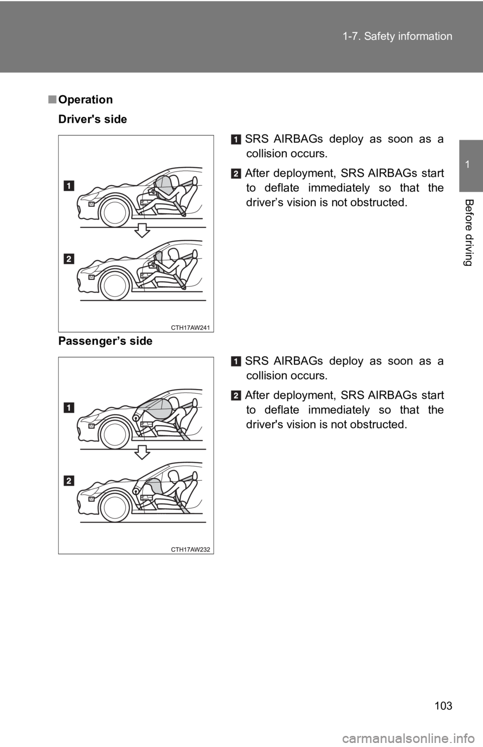 TOYOTA GT86 2019 Owners Manual (in English) 103
1-7. Safety information
1
Before driving
■
Operation
Driver's side
Passenger’s side
SRS AIRBAGs deploy as soon as a
collision occurs.
After deployment, SRS AIRBAGs start to defla TOYOTA GT86 2019 Owners Manual (in English) 103
1-7. Safety information
1
Before driving
■
Operation
Driver's side
Passenger’s side
SRS AIRBAGs deploy as soon as a
collision occurs.
After deployment, SRS AIRBAGs start to defla