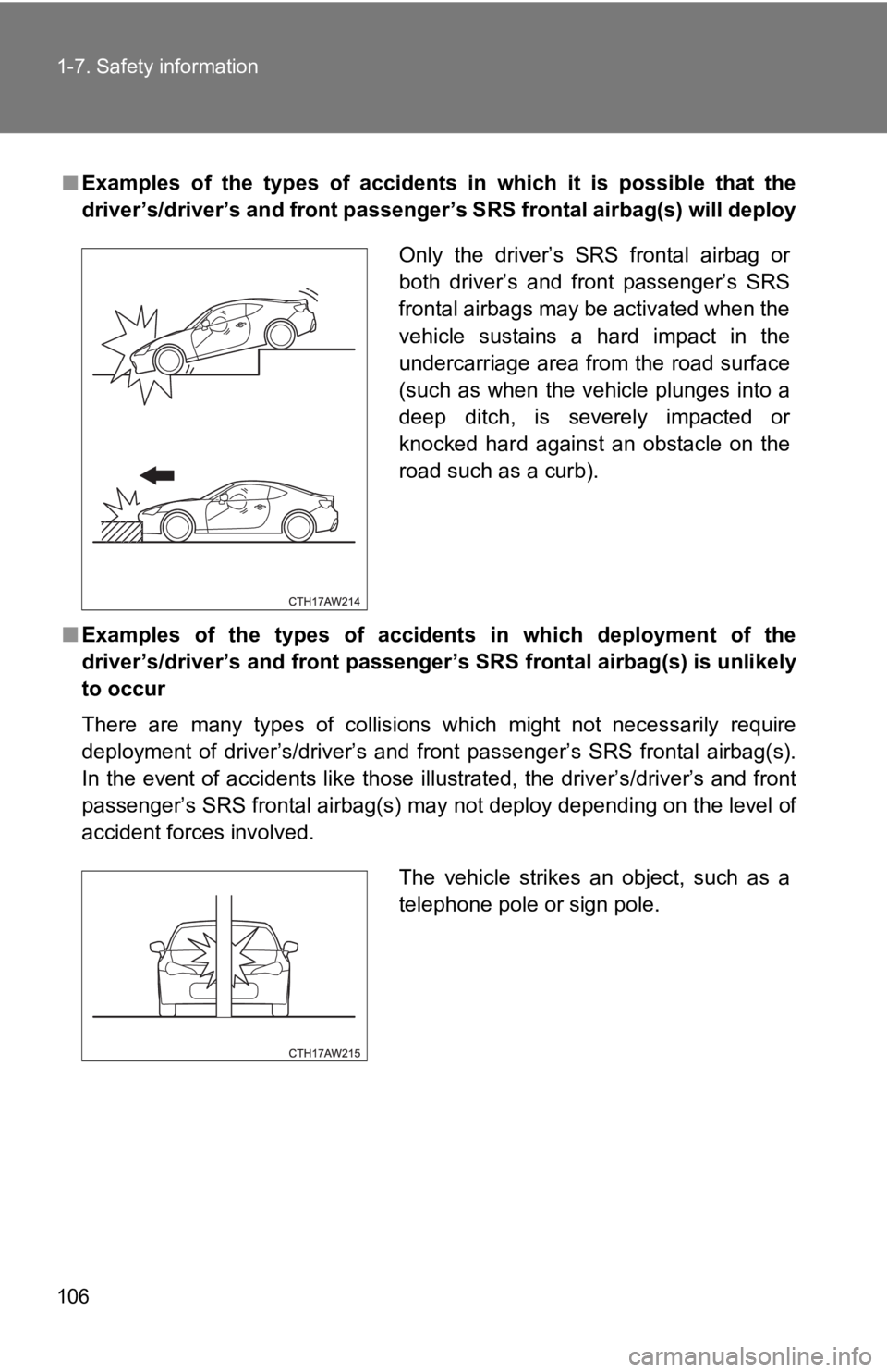 TOYOTA GT86 2019 Owners Manual (in English) 106 1-7. Safety information
■Examples of the types of accidents in which it is possible that the
driver’s/driver’s and front passenger’s SRS frontal airbag(s) w ill deploy
■ Exam TOYOTA GT86 2019 Owners Manual (in English) 106 1-7. Safety information
■Examples of the types of accidents in which it is possible that the
driver’s/driver’s and front passenger’s SRS frontal airbag(s) w ill deploy
■ Exam