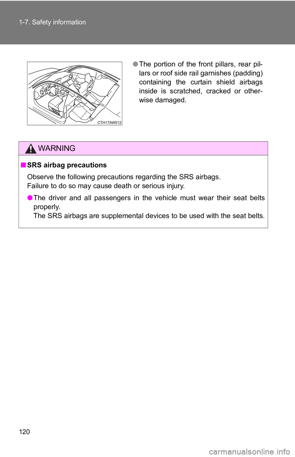 TOYOTA GT86 2019 Owners Manual (in English) 120 1-7. Safety information
WARNING
■SRS airbag precautions
Observe the following precautions regarding the SRS airbags.
Failure to do so may cause death or serious injury.
●The driver and all TOYOTA GT86 2019 Owners Manual (in English) 120 1-7. Safety information
WARNING
■SRS airbag precautions
Observe the following precautions regarding the SRS airbags.
Failure to do so may cause death or serious injury.
●The driver and all
