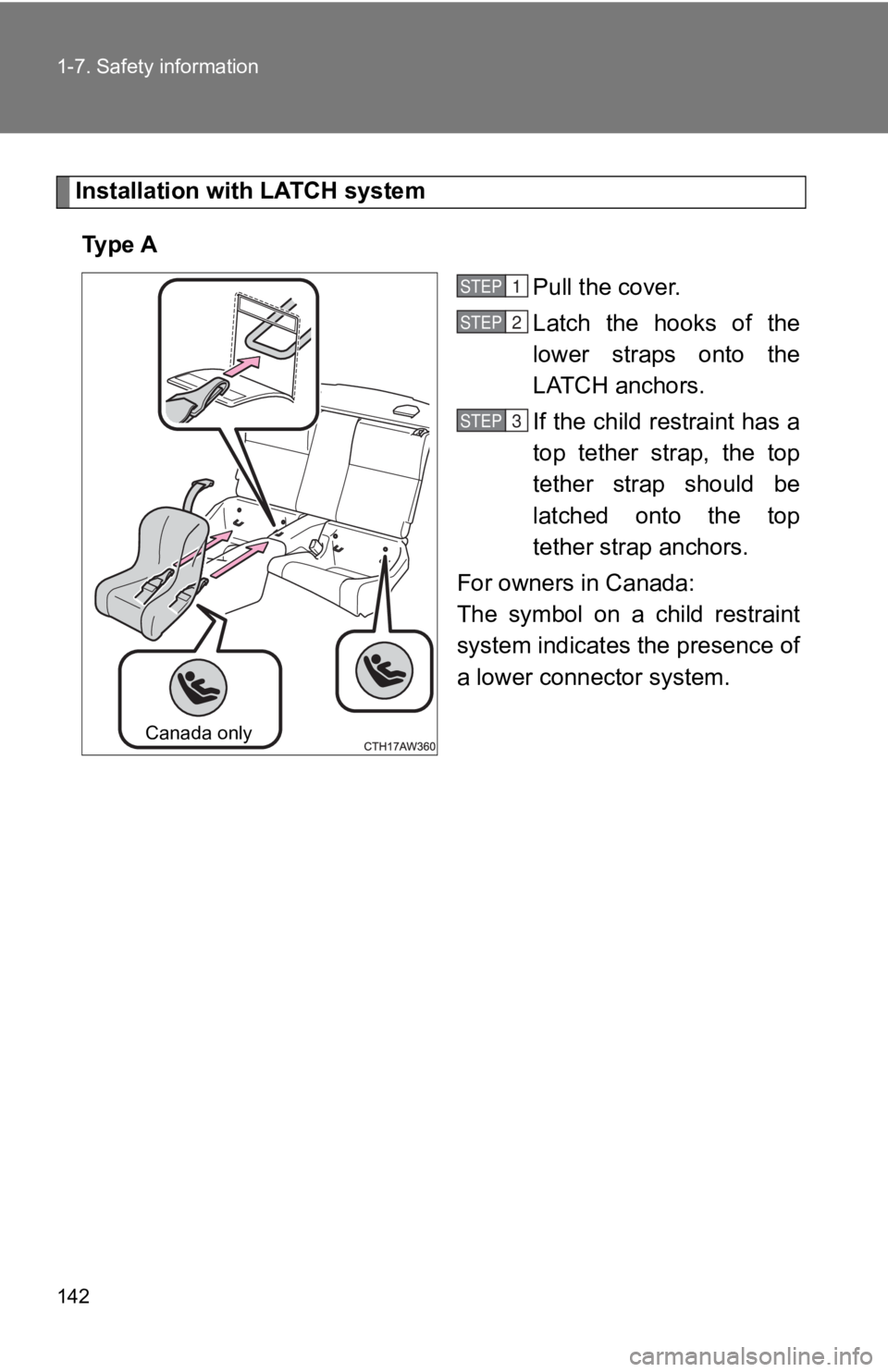 TOYOTA GT86 2019 Owners Manual (in English) 142 1-7. Safety information
Installation with LATCH systemTy p e A Pull the cover.
Latch the hooks of the
lower straps onto the
LATCH anchors.
If the child restraint has a
top tether strap, TOYOTA GT86 2019 Owners Manual (in English) 142 1-7. Safety information
Installation with LATCH systemTy p e A Pull the cover.
Latch the hooks of the
lower straps onto the
LATCH anchors.
If the child restraint has a
top tether strap,