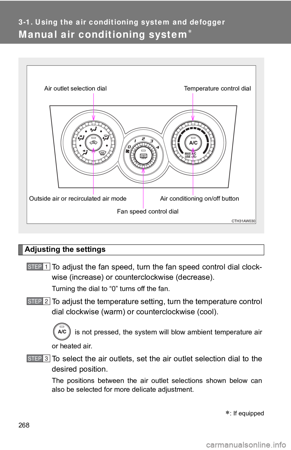 TOYOTA GT86 2019 Owners Manual (in English) 268
3-1. Using the air conditioning system and defogger
Manual air conditioning system
Adjusting the settingsTo adjust the fan speed, turn th e fan speed control dial clock-
wise (increase) or coun TOYOTA GT86 2019 Owners Manual (in English) 268
3-1. Using the air conditioning system and defogger
Manual air conditioning system
Adjusting the settingsTo adjust the fan speed, turn th e fan speed control dial clock-
wise (increase) or coun