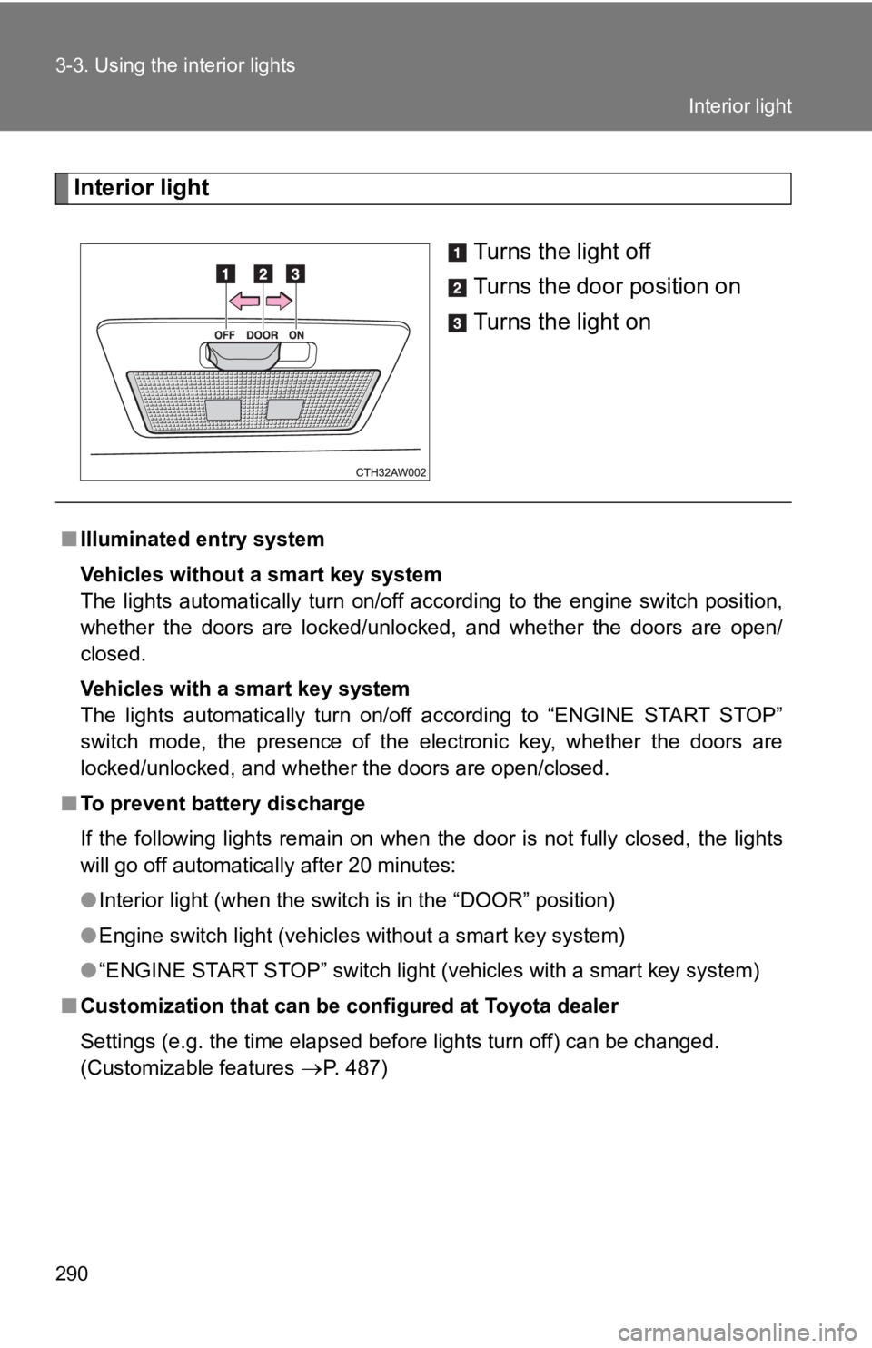 TOYOTA GT86 2019 Owners Manual (in English) 290 3-3. Using the interior lights
Interior lightTurns the light off
Turns the door position on
Turns the light on
■Illuminated entry system
Vehicles without a smart key system
The lights automat TOYOTA GT86 2019 Owners Manual (in English) 290 3-3. Using the interior lights
Interior lightTurns the light off
Turns the door position on
Turns the light on
■Illuminated entry system
Vehicles without a smart key system
The lights automat
