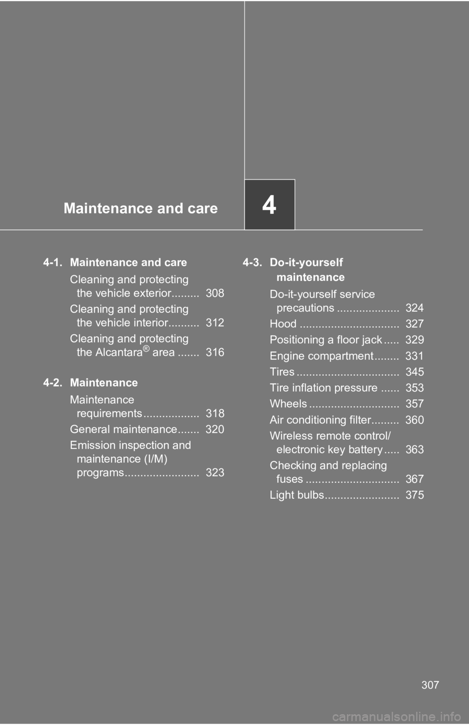 TOYOTA GT86 2019 Owners Manual (in English) Maintenance and care4
307
4-1. Maintenance and careCleaning and protecting the vehicle exterior......... 308
Cleaning and protecting the vehicle interior.......... 312
Cleaning and protecting the TOYOTA GT86 2019 Owners Manual (in English) Maintenance and care4
307
4-1. Maintenance and careCleaning and protecting the vehicle exterior......... 308
Cleaning and protecting the vehicle interior.......... 312
Cleaning and protecting the