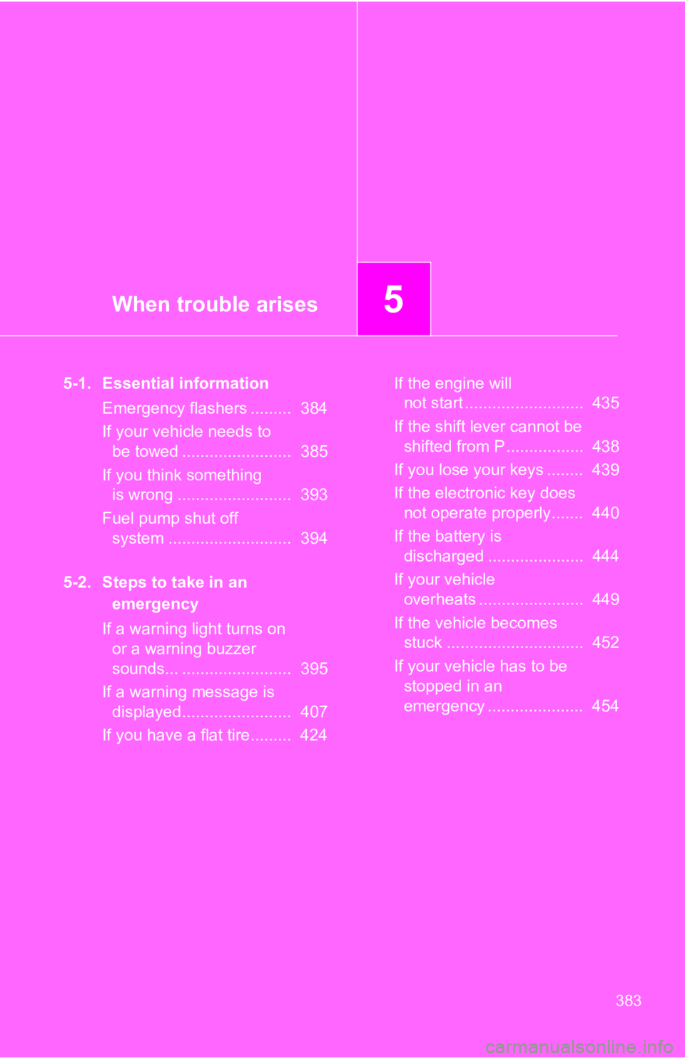 TOYOTA GT86 2019  Owners Manual (in English) When trouble arises5
383
5-1. Essential informationEmergency flashers .........  384
If your vehicle needs to be towed ........................  385
If you think something  is wrong ..................