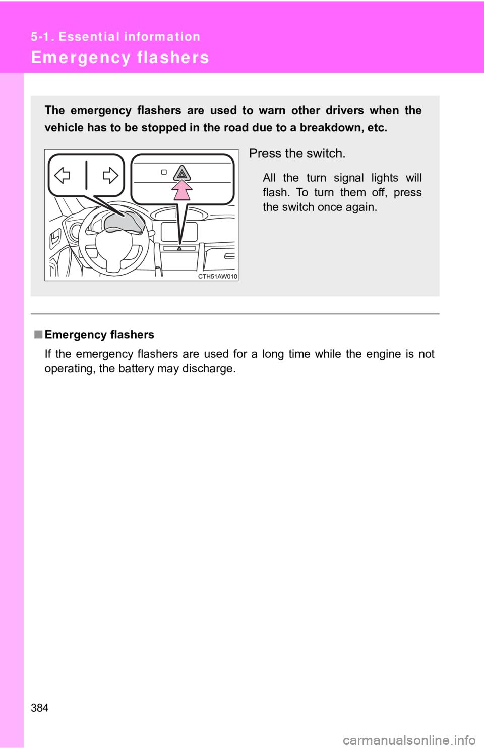 TOYOTA GT86 2019  Owners Manual (in English) 384
5-1. Essential information
Emergency flashers
■Emergency flashers
If  the  emergency  flashers  are  used  for  a  long  time  while  the  en gine  is  not
operating, the battery may discharge.
