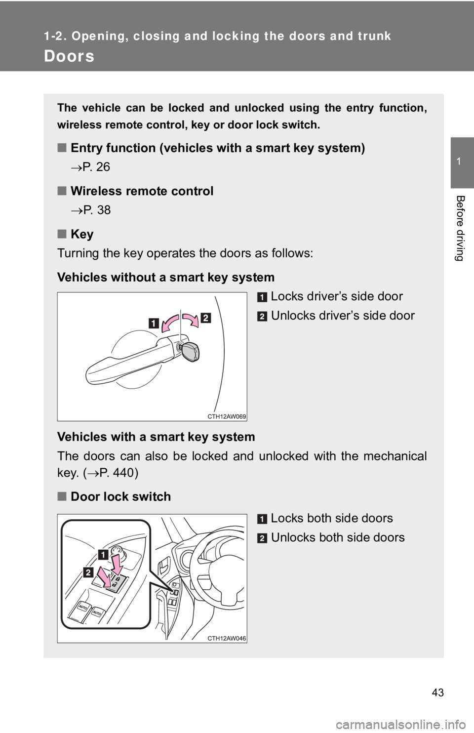 TOYOTA GT86 2019 (in English) Service Manual 43
1
1-2. Opening, closing and locking the doors and trunk
Before driving
Doors
The vehicle can be locked and unlocked using the entry function,
wireless remote control, k ey or door lock sw TOYOTA GT86 2019 (in English) Service Manual 43
1
1-2. Opening, closing and locking the doors and trunk
Before driving
Doors
The vehicle can be locked and unlocked using the entry function,
wireless remote control, k ey or door lock sw