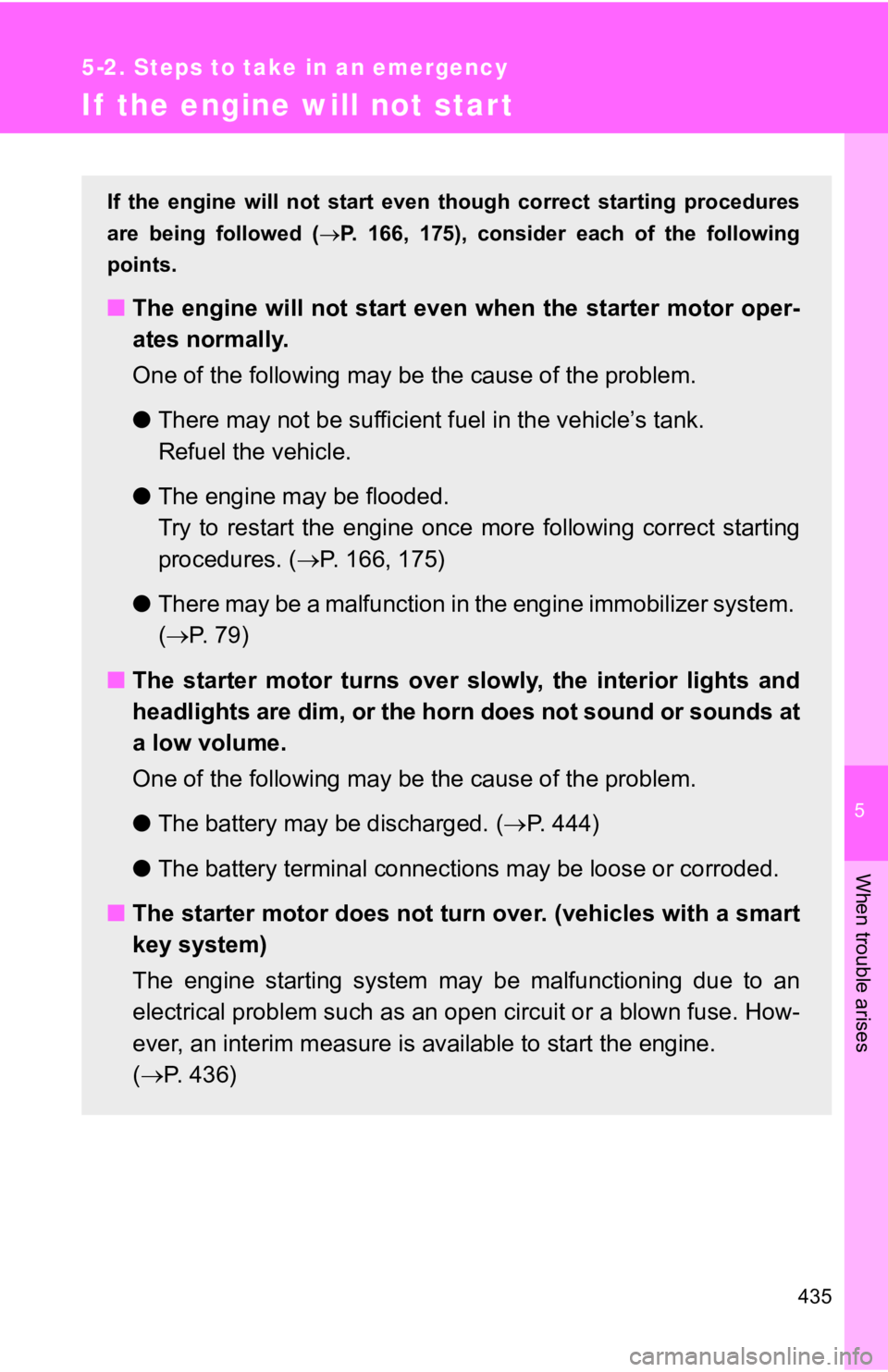 TOYOTA GT86 2019 Owners Manual (in English) 5
When trouble arises
435
5-2. Steps to take in an emergency
If the engine will not star t
If the engine will not start even though correct starting procedures
are being followed ( P. TOYOTA GT86 2019 Owners Manual (in English) 5
When trouble arises
435
5-2. Steps to take in an emergency
If the engine will not star t
If the engine will not start even though correct starting procedures
are being followed ( P.