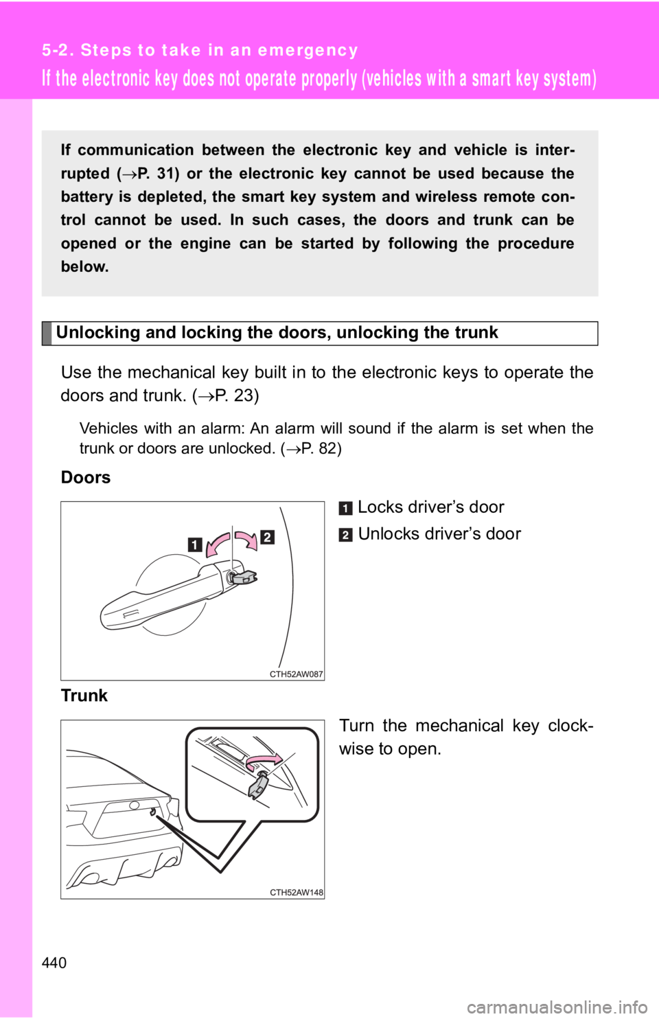 TOYOTA GT86 2019 Owners Manual (in English) 440
5-2. Steps to take in an emergency
If the electronic key does not operate properly (vehicles with a smar t key system)
Unlocking and locking the doors, unlocking the trunk
Use the mechanical ke TOYOTA GT86 2019 Owners Manual (in English) 440
5-2. Steps to take in an emergency
If the electronic key does not operate properly (vehicles with a smar t key system)
Unlocking and locking the doors, unlocking the trunk
Use the mechanical ke