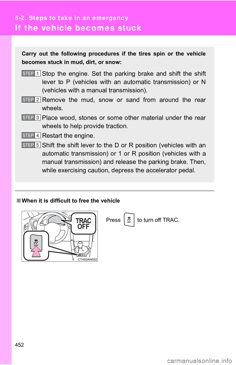 TOYOTA GT86 2019  Owners Manual (in English) 452
5-2. Steps to take in an emergency
If  the vehicle becomes stuck
■When it is difficult to free the vehicle
Carry  out  the  following  procedur es  if  the  tires  spin  or  the  vehicle
becomes