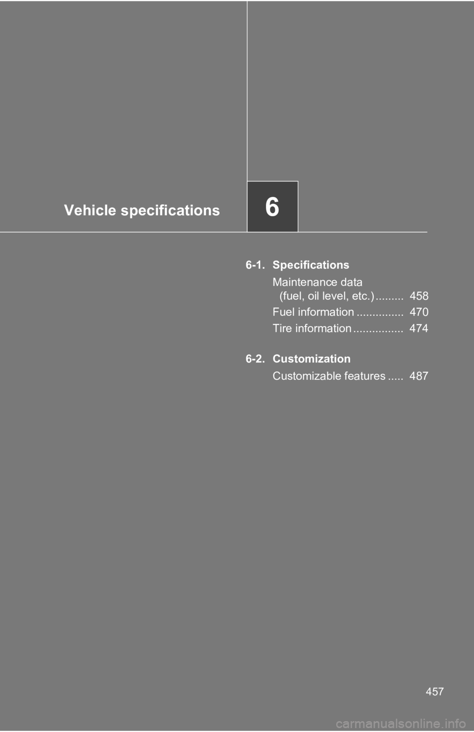 TOYOTA GT86 2019  Owners Manual (in English) Vehicle specifications6
457
6-1. SpecificationsMaintenance data (fuel, oil level, etc.) .........  458
Fuel information ...............  470
Tire information ................  474
6-2. Customization C