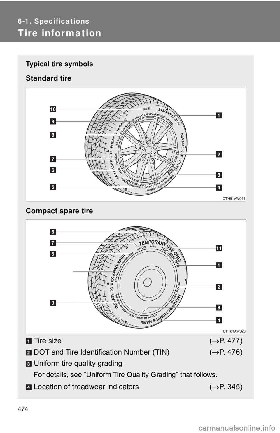 TOYOTA GT86 2019 Owners Manual (in English) 474
6-1. Specifications
Tire infor mation
Typical tire symbols
Standard tire
Compact spare tireTire size ( P. 4 7 7 )
DOT and Tire Identification Number (TIN) ( P. 4 7 6 )
Uniform tire quali TOYOTA GT86 2019 Owners Manual (in English) 474
6-1. Specifications
Tire infor mation
Typical tire symbols
Standard tire
Compact spare tireTire size ( P. 4 7 7 )
DOT and Tire Identification Number (TIN) ( P. 4 7 6 )
Uniform tire quali