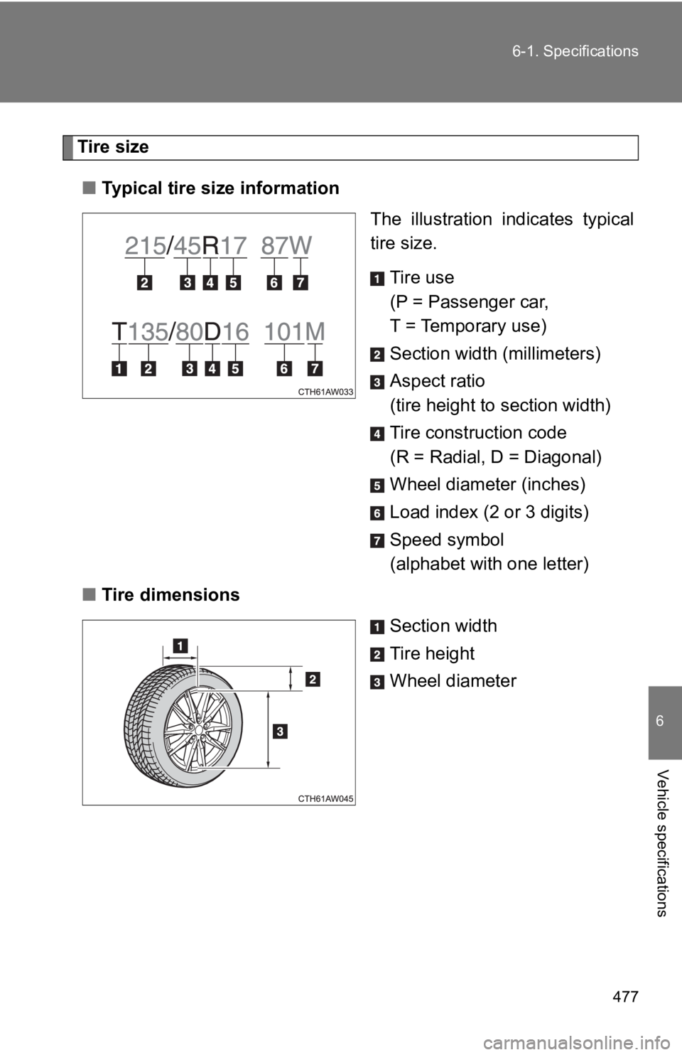 TOYOTA GT86 2019 Owners Manual (in English) 477
6-1. Specifications
6
Vehicle specifications
Tire size
■ Typical tire size information
The illustration indicates typical
tire size.
Tire use
(P = Passenger car,
T = Temporary use)
Section w TOYOTA GT86 2019 Owners Manual (in English) 477
6-1. Specifications
6
Vehicle specifications
Tire size
■ Typical tire size information
The illustration indicates typical
tire size.
Tire use
(P = Passenger car,
T = Temporary use)
Section w