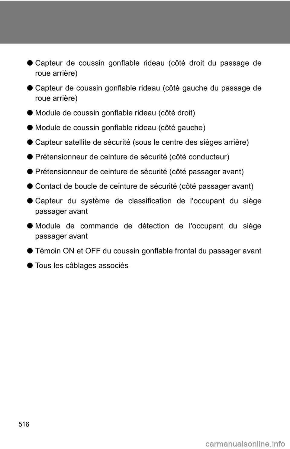TOYOTA GT86 2019 Owners Manual (in English) 516
●Capteur de coussin gonflable rideau (côté droit du passage de
roue arrière)
● Capteur de coussin gonflable rideau (côté gauche du passage de
roue arrière)
● Module de coussin gonflabl TOYOTA GT86 2019 Owners Manual (in English) 516
●Capteur de coussin gonflable rideau (côté droit du passage de
roue arrière)
● Capteur de coussin gonflable rideau (côté gauche du passage de
roue arrière)
● Module de coussin gonflabl
