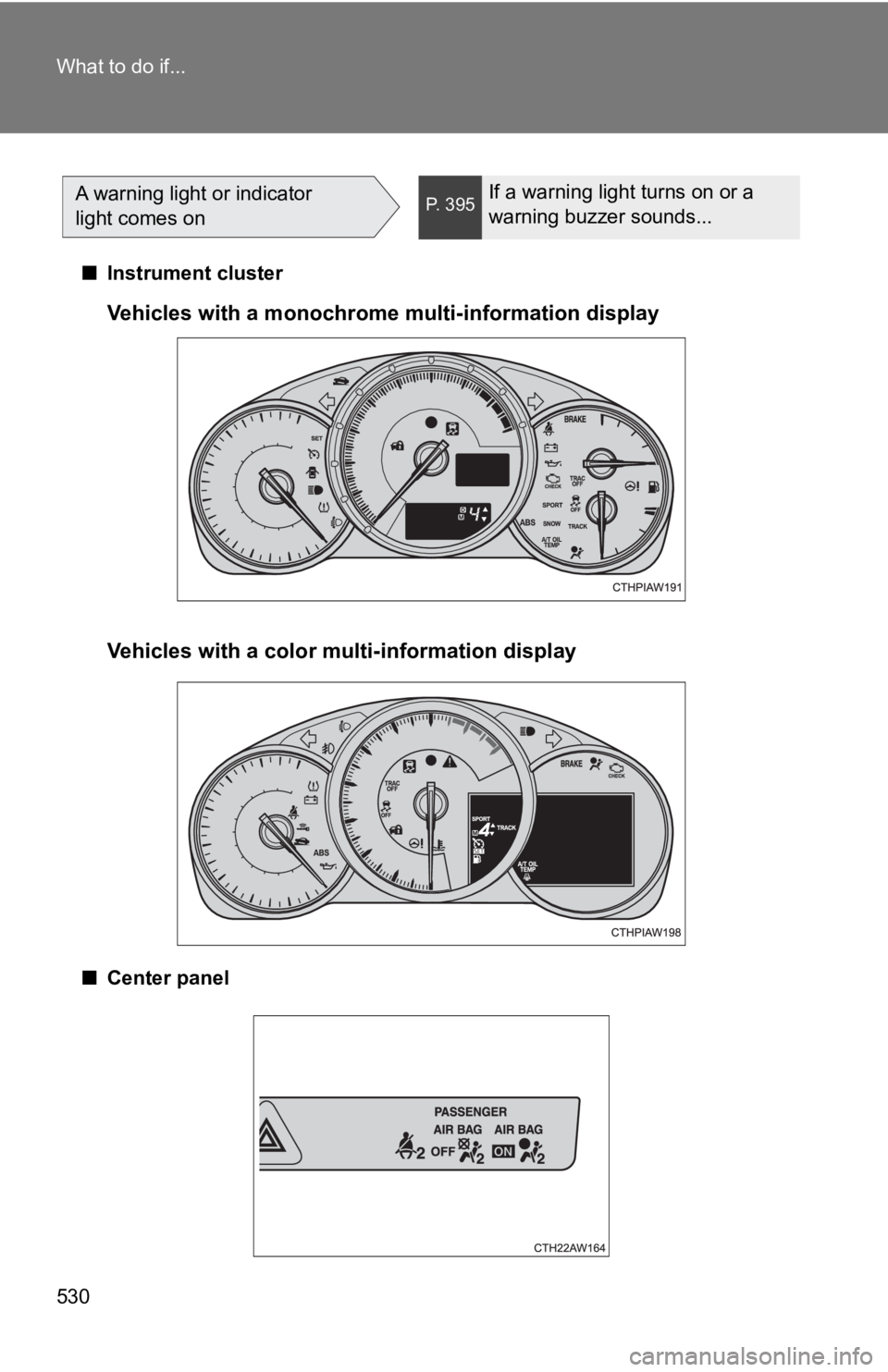TOYOTA GT86 2019 Owners Manual (in English) 530 What to do if...■Instrument cluster
■ Center panel
A warning light or indicator
light comes onP. 395If a warning light turns on or a
warning buzzer sounds...
Vehicles with a monochrome multi TOYOTA GT86 2019 Owners Manual (in English) 530 What to do if...■Instrument cluster
■ Center panel
A warning light or indicator
light comes onP. 395If a warning light turns on or a
warning buzzer sounds...
Vehicles with a monochrome multi