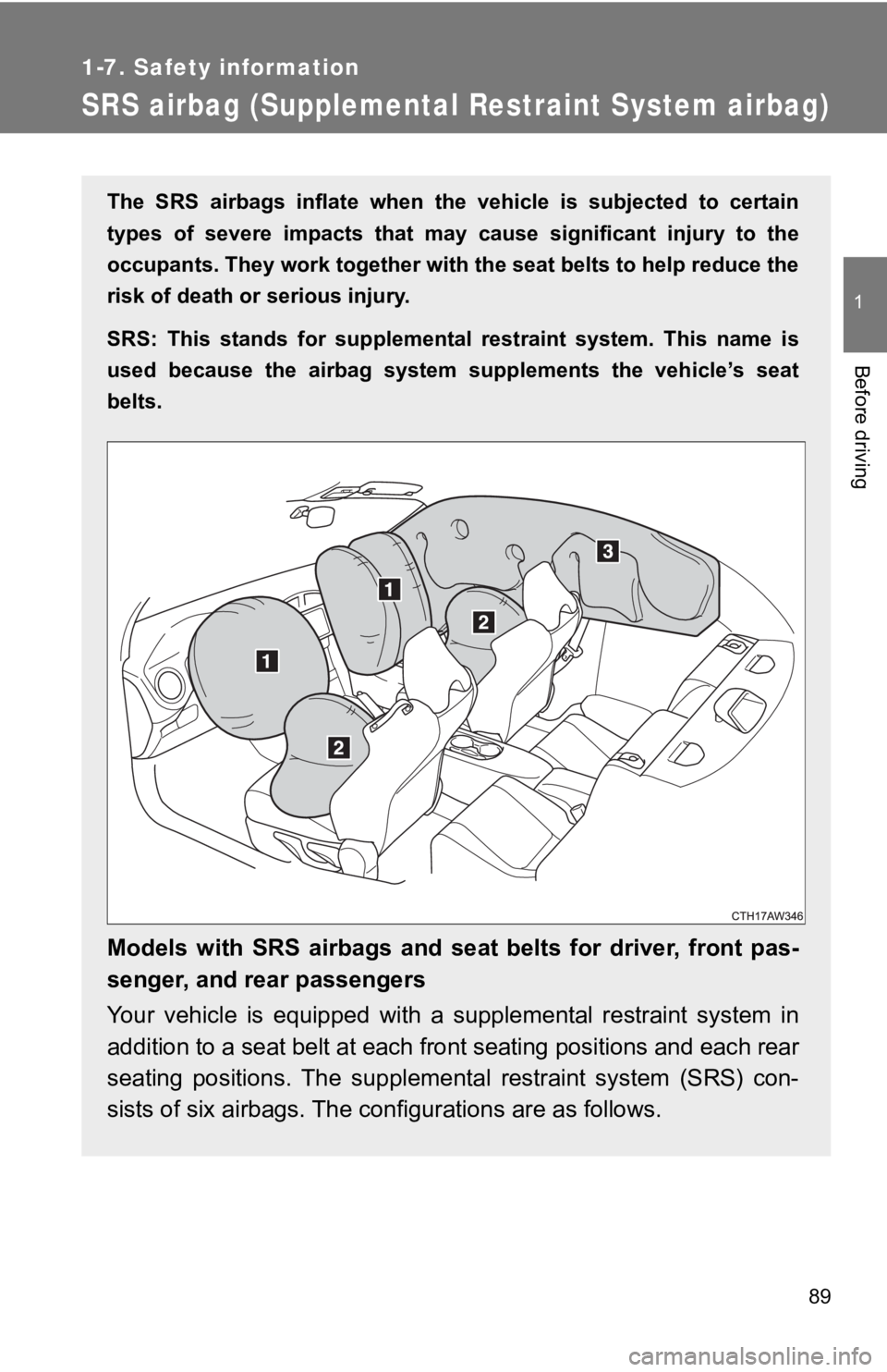 TOYOTA GT86 2019 (in English) Manual Online 89
1
1-7. Safety information
Before driving
SRS airbag (Supplemental Restraint System airbag)
The SRS airbags inflate when the vehicle is subjected to certain
types of severe impacts th TOYOTA GT86 2019 (in English) Manual Online 89
1
1-7. Safety information
Before driving
SRS airbag (Supplemental Restraint System airbag)
The SRS airbags inflate when the vehicle is subjected to certain
types of severe impacts th