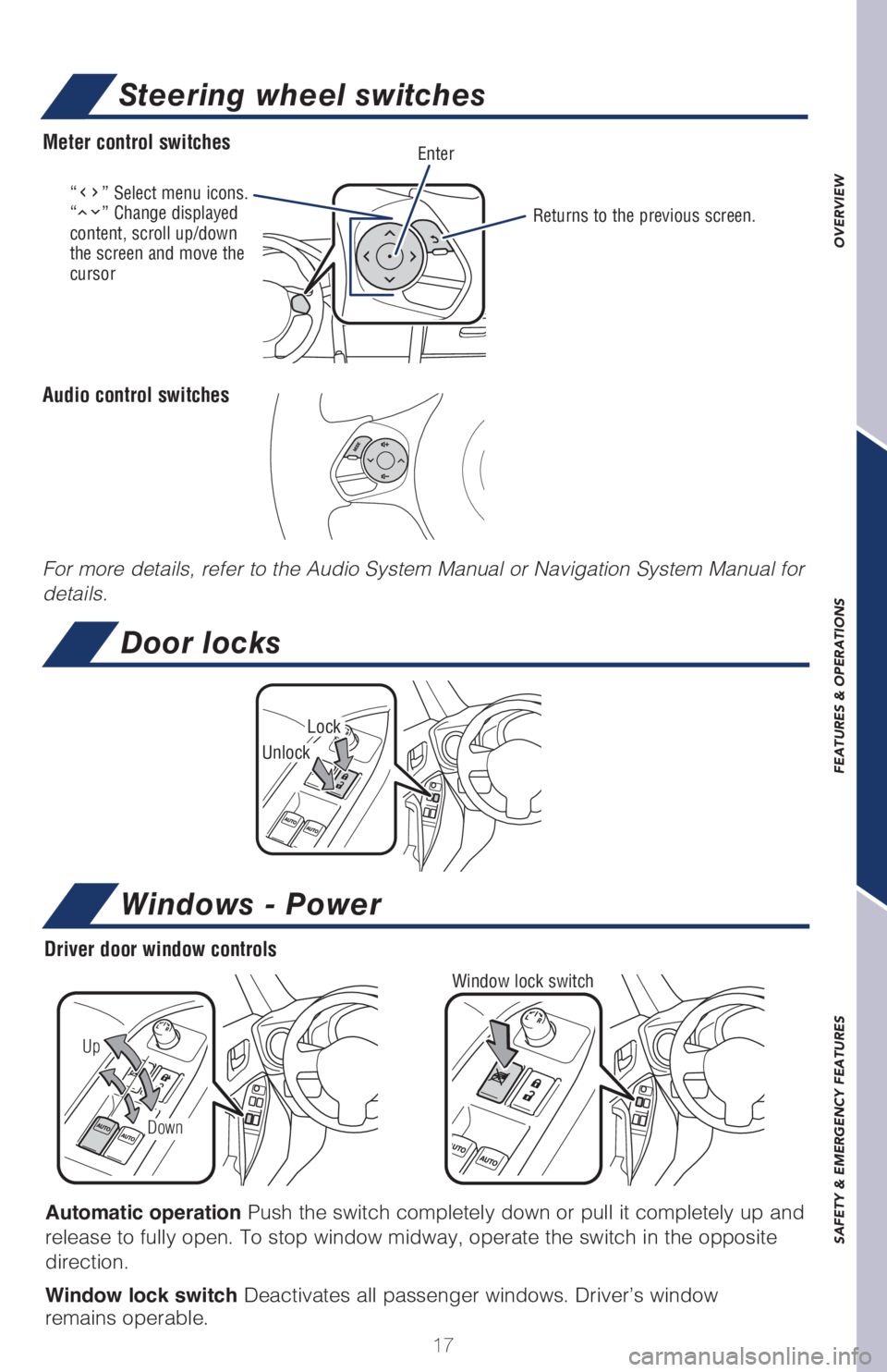 TOYOTA GT86 2019 (in English) User Guide OVERVIEW FEATURES & OPERATIONS SAFETY & EMERGENCY FEATURES
17
“” Select menu icons.
“” Change displayed
content, scroll up/down
the screen and move the
cursorReturns to the previous screen TOYOTA GT86 2019 (in English) User Guide OVERVIEW FEATURES & OPERATIONS SAFETY & EMERGENCY FEATURES
17
“” Select menu icons.
“” Change displayed
content, scroll up/down
the screen and move the
cursorReturns to the previous screen