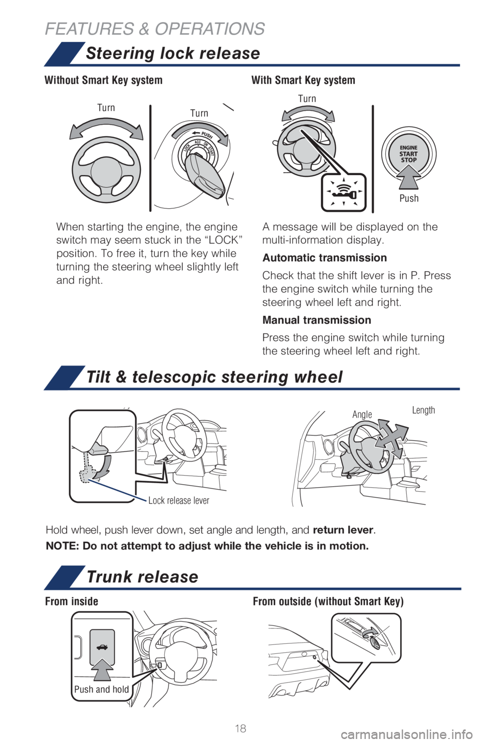 TOYOTA GT86 2019  Owners Manual (in English) 18
FEATURES & OPERATIONS
Trunk release
Push and hold
From insideFrom outside (without Smart Key) When starting the engine, the engine 
switch may seem stuck in the “LOCK” 
position. To free it, tu