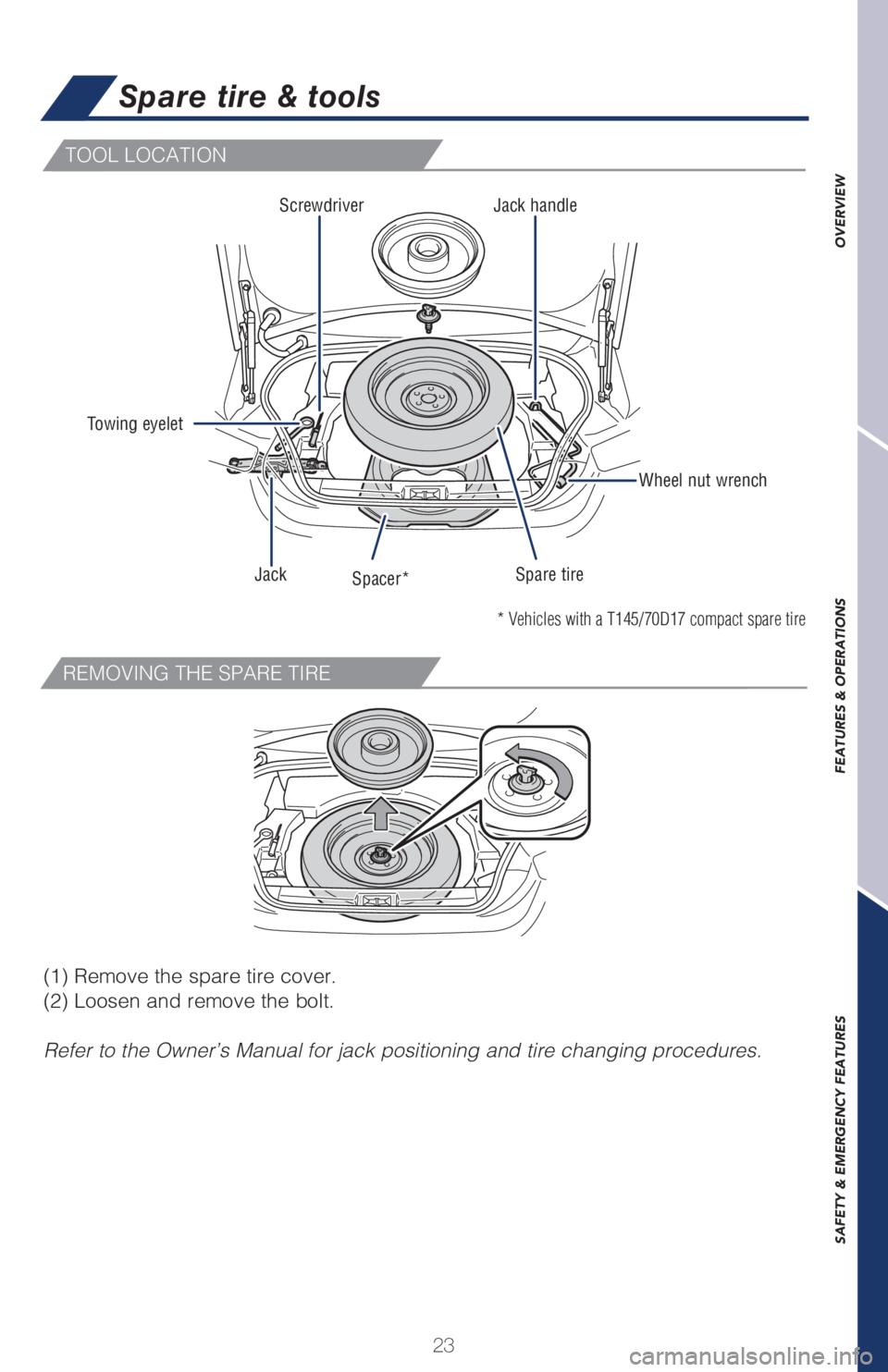 TOYOTA GT86 2019   (in English) Owners Manual OVERVIEW FEATURES & OPERATIONS SAFETY & EMERGENCY FEATURES
23
TOOL LOCATION
REMOVING THE SPARE TIRE
Spare tire & tools
Towing eyelet
Wheel nut wrench Jack handle
Jack
Spare tire
Spacer* Screwdriver
(1
