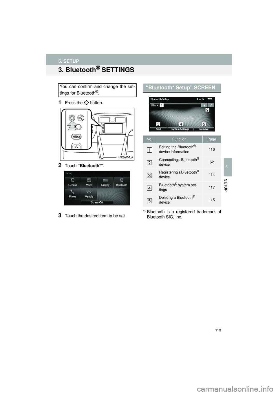TOYOTA GT86 2019  Accessories, Audio & Navigation (in English) 113
5. SETUP
Highlander_Navi_MXS
5
SETUP
3. Bluetooth® SETTINGS
1Press the   button.
2Touch “Bluetooth*” .
3Touch the desired item to be set. *: Bluetooth is a regi
stered trademark of
Bluetooth 