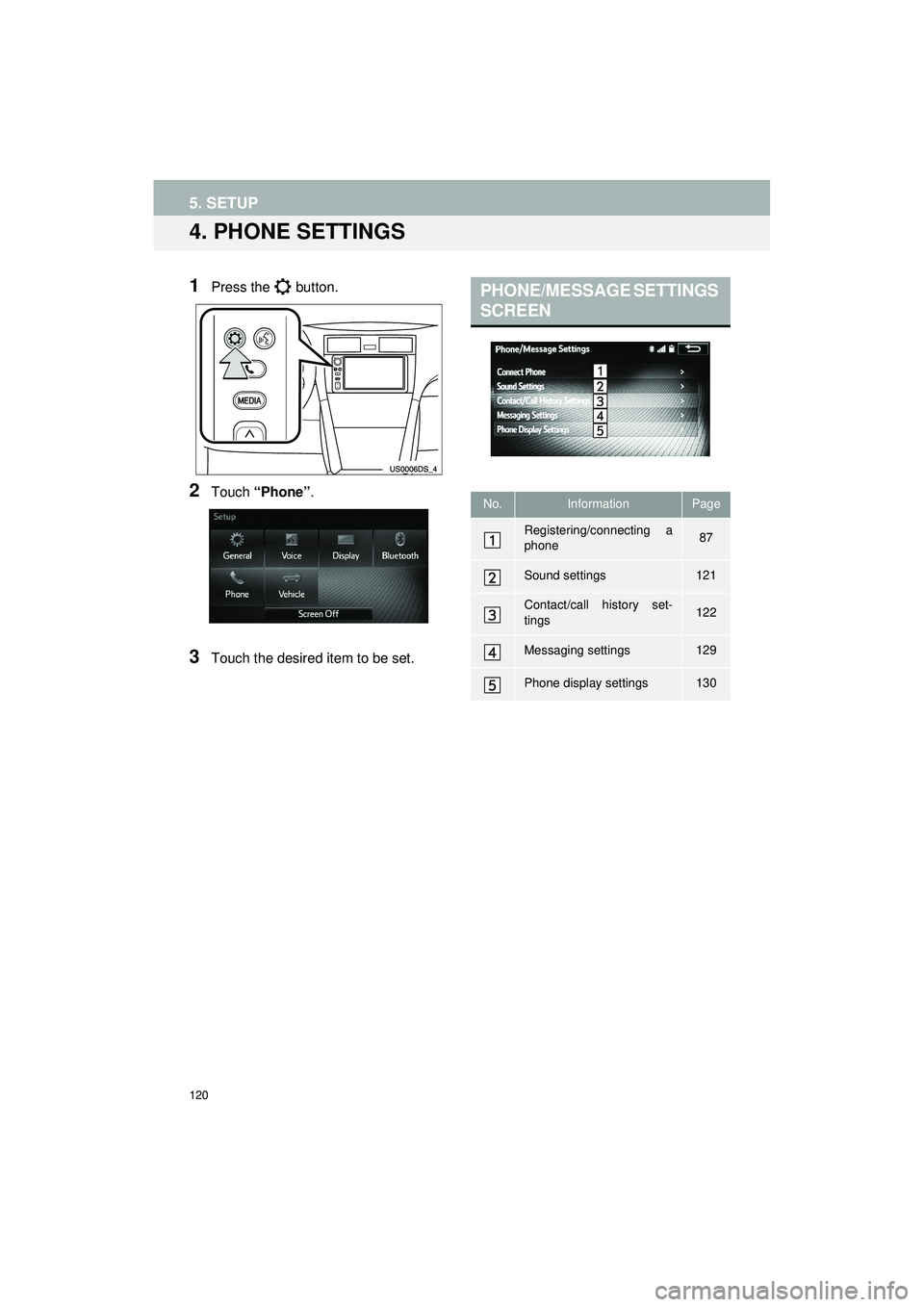 TOYOTA GT86 2019 Accessories, Audio & Navigation (in English) 120
5. SETUP
Highlander_Navi_MXS
4. PHONE SETTINGS
1Press the button.
2Touch “Phone” .
3Touch the desired item to be set.
PHONE/MESSAGE SETTINGS
SCREEN
No.InformationPage
Registering/connecting TOYOTA GT86 2019 Accessories, Audio & Navigation (in English) 120
5. SETUP
Highlander_Navi_MXS
4. PHONE SETTINGS
1Press the button.
2Touch “Phone” .
3Touch the desired item to be set.
PHONE/MESSAGE SETTINGS
SCREEN
No.InformationPage
Registering/connecting