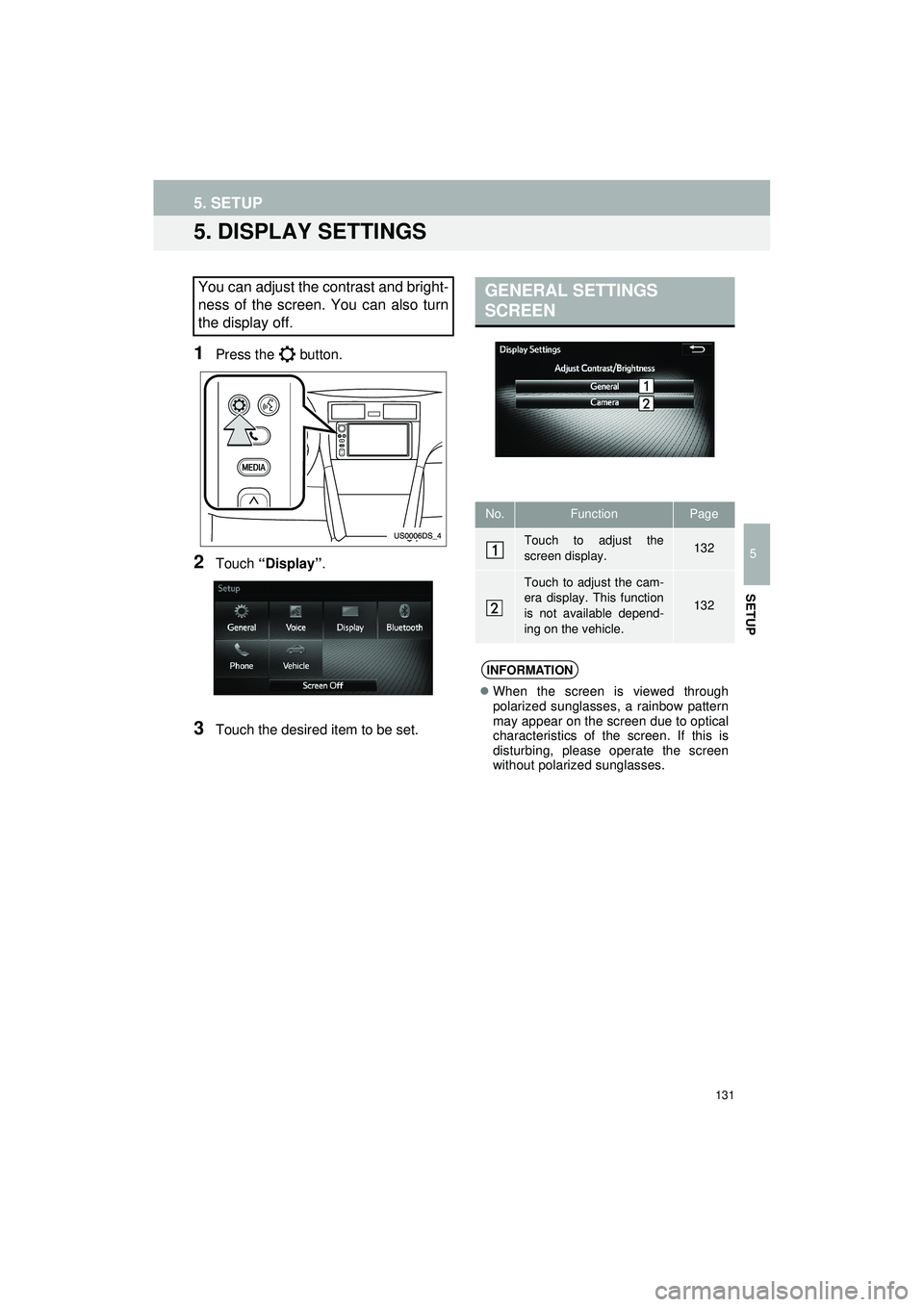 TOYOTA GT86 2019  Accessories, Audio & Navigation (in English) 131
5. SETUP
Highlander_Navi_MXS
5
SETUP
5. DISPLAY SETTINGS
1Press the   button.
2Touch “Display”.
3Touch the desired item to be set.
You can adjust the contrast and bright-
ness of the screen. Y