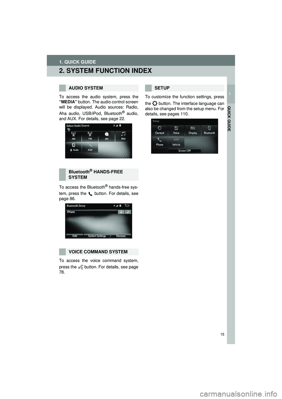 TOYOTA GT86 2019  Accessories, Audio & Navigation (in English) 15
1. QUICK GUIDE
Highlander_Navi_MXS
1
QUICK GUIDE
2. SYSTEM FUNCTION INDEX
To access the audio system, press the
“MEDIA” button. The audio control screen
will be displayed. Audio sources: Radio,