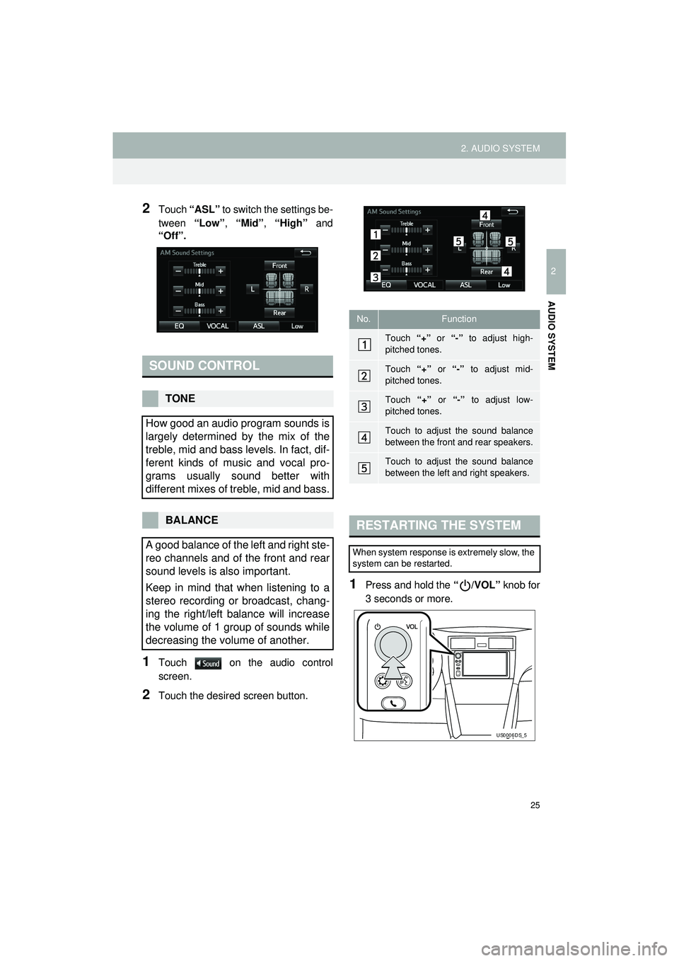 TOYOTA GT86 2019  Accessories, Audio & Navigation (in English) 25
2. AUDIO SYSTEM
Highlander_Navi_MXS
2
AUDIO SYSTEM
2Touch “ASL” to switch the settings be-
tween  “Low”, “Mid”,  “High” and
“Off”.
1Touch   on the audio control
screen.
2Touch t