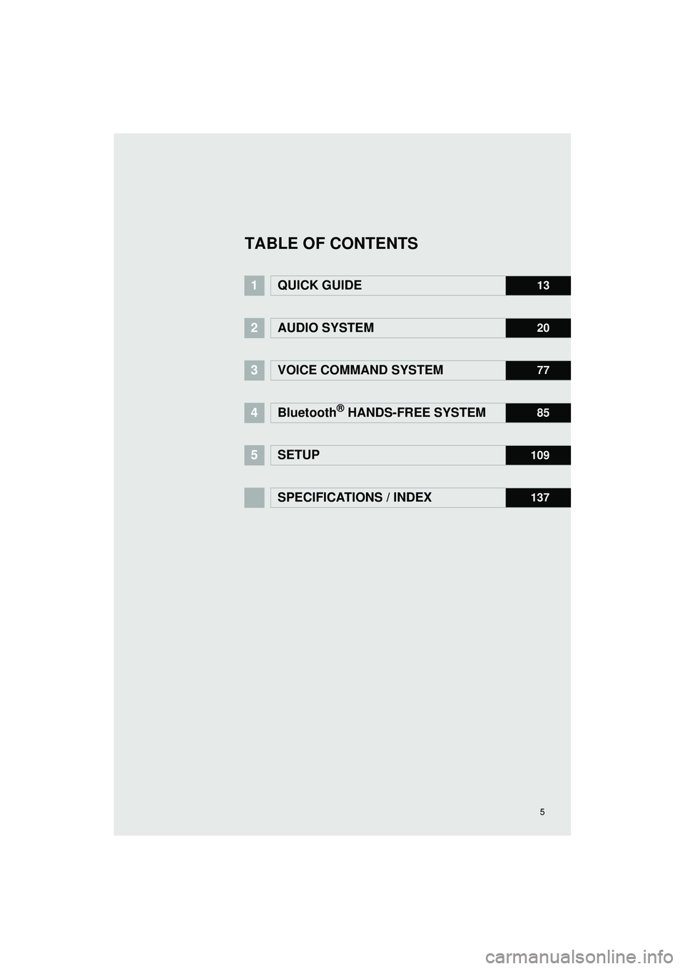 TOYOTA GT86 2019  Accessories, Audio & Navigation (in English) 5
Highlander_Navi_MXS
TABLE OF CONTENTS
1QUICK GUIDE13
2AUDIO SYSTEM20
3VOICE COMMAND SYSTEM77
4Bluetooth® HANDS-FREE SYSTEM85
5SETUP109
SPECIFICATIONS / INDEX137 