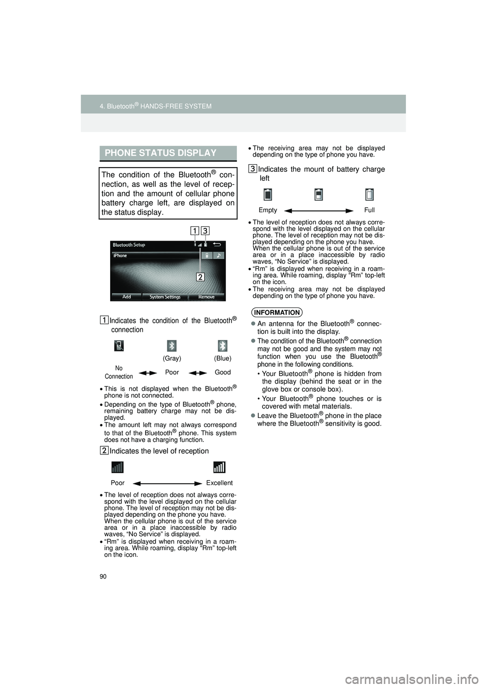 TOYOTA GT86 2019 Accessories, Audio & Navigation (in English) 90
4. Bluetooth® HANDS-FREE SYSTEM
Highlander_Navi_MXS
Indicates the condition of the Bluetooth®
connection
This is not displayed when the Bluetooth®
phone is not connected.
Depending on the TOYOTA GT86 2019 Accessories, Audio & Navigation (in English) 90
4. Bluetooth® HANDS-FREE SYSTEM
Highlander_Navi_MXS
Indicates the condition of the Bluetooth®
connection
This is not displayed when the Bluetooth®
phone is not connected.
Depending on the