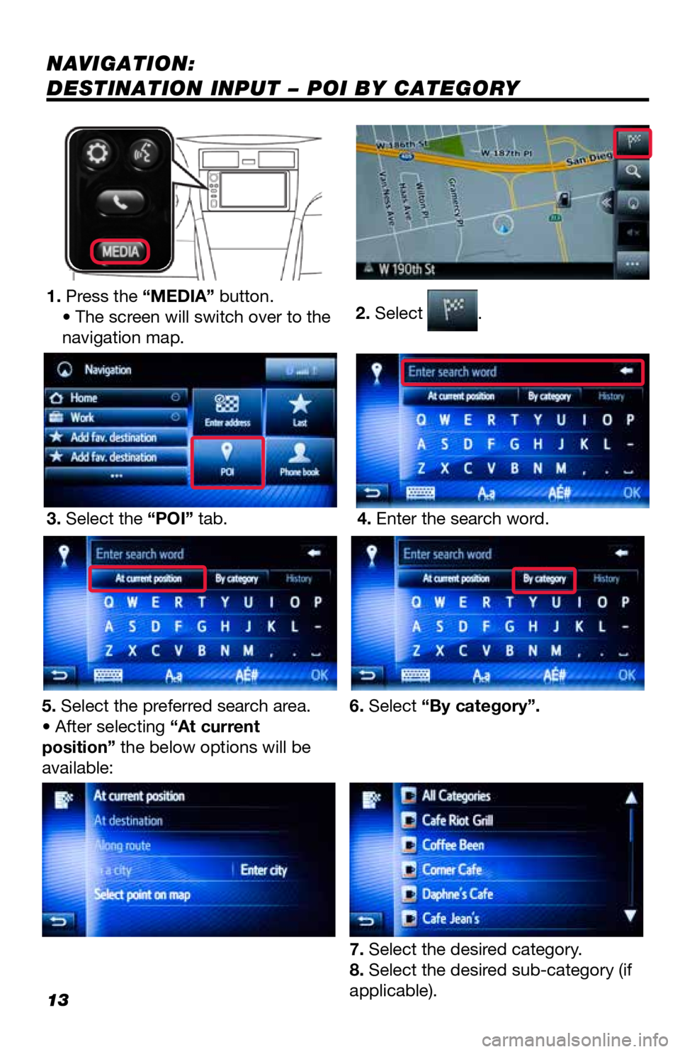 TOYOTA GT86 2019  Accessories, Audio & Navigation (in English) 13
NAVIGATION: 
DESTINATION INPUT – POI BY CATEGORY
2. Select .
1. Press the “MEDIA” button.
• The screen will switch over to the
navigation map.
3. Select the “POI” tab. 4. Enter the sear