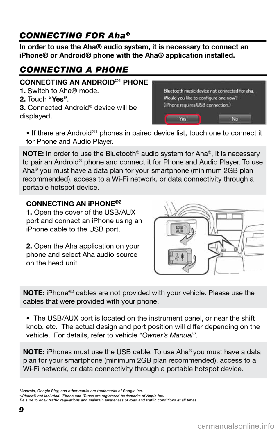 TOYOTA GT86 2019 Accessories, Audio & Navigation (in English) 9
CONNECTING A PHONE
In order to use the Aha® audio system, it is necessary to connect an
iPhone® or Android® phone with the Aha® application installed.CONNECTING AN ANDROID
©1 PHONE
1. Switch to TOYOTA GT86 2019 Accessories, Audio & Navigation (in English) 9
CONNECTING A PHONE
In order to use the Aha® audio system, it is necessary to connect an
iPhone® or Android® phone with the Aha® application installed.CONNECTING AN ANDROID
©1 PHONE
1. Switch to