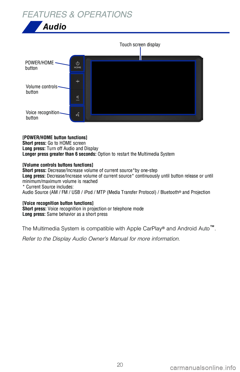 TOYOTA GT86 2020   (in English) Owners Manual 20
FEATURES & OPERATIONS
Audio
Touch screen display
POWER/HOME button
Volume controls button
Voice recognition button
[POWER/HOME button functions]Short press: Go to HOME screen Long press: Turn off A