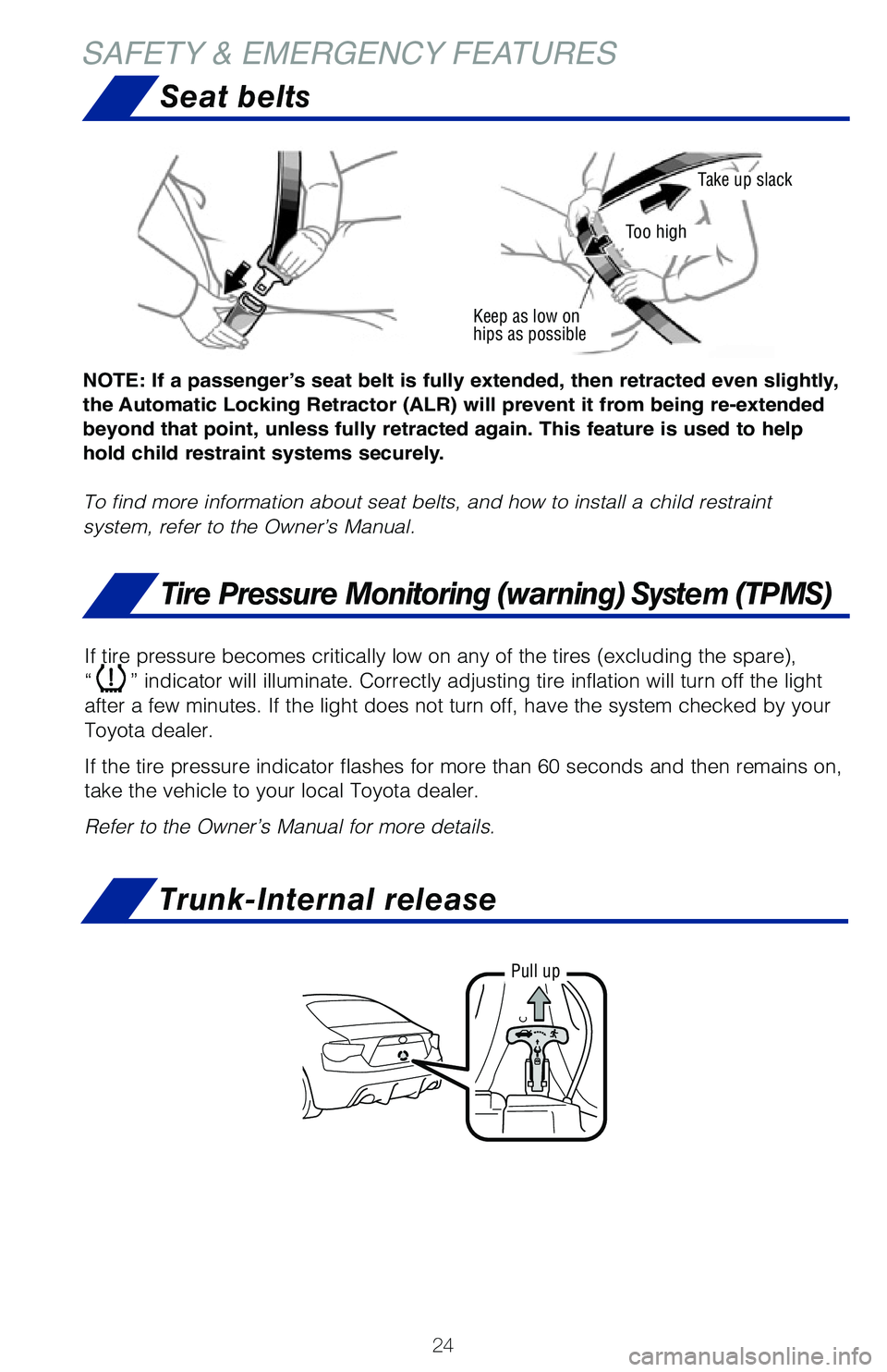 TOYOTA GT86 2020 (in English) Owners Manual 24
Seat belts
Tire Pressure Monitoring (warning) System (TPMS)
NOTE: If a passenger’s seat belt is fully extended, then retracted even slightly,
the Automatic Locking Retractor (ALR) will prevent i TOYOTA GT86 2020 (in English) Owners Manual 24
Seat belts
Tire Pressure Monitoring (warning) System (TPMS)
NOTE: If a passenger’s seat belt is fully extended, then retracted even slightly,
the Automatic Locking Retractor (ALR) will prevent i