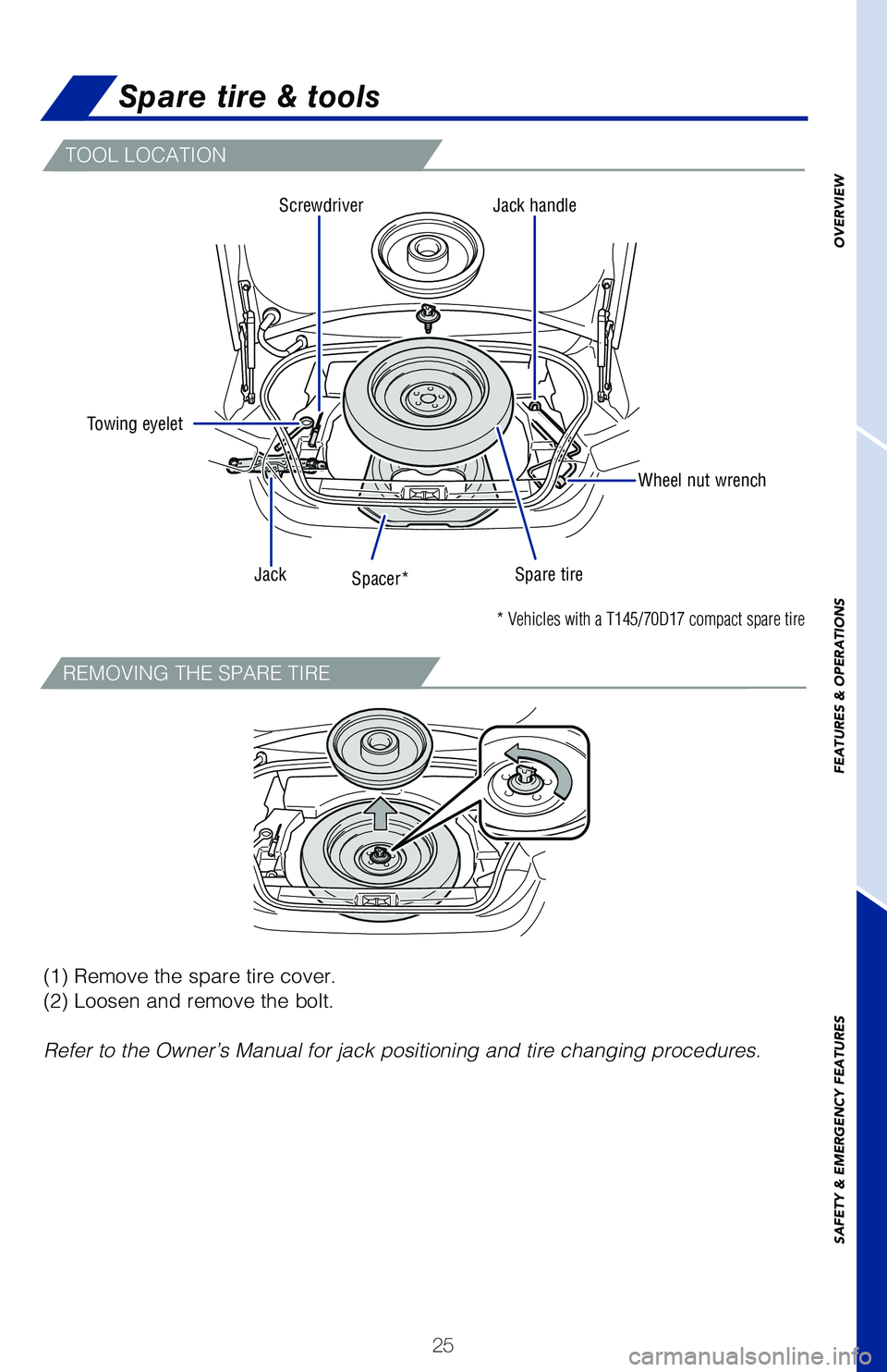 TOYOTA GT86 2020 (in English) Owners Manual 25
TOOL LOCATION
REMOVING THE SPARE TIRE
Spare tire & tools
Towing eyelet
Wheel nut wrench
Jack handle
JackSpare tireSpacer*
Screwdriver
(1) Remove the spare tire cover.
(2) Loosen and remove the bolt TOYOTA GT86 2020 (in English) Owners Manual 25
TOOL LOCATION
REMOVING THE SPARE TIRE
Spare tire & tools
Towing eyelet
Wheel nut wrench
Jack handle
JackSpare tireSpacer*
Screwdriver
(1) Remove the spare tire cover.
(2) Loosen and remove the bolt