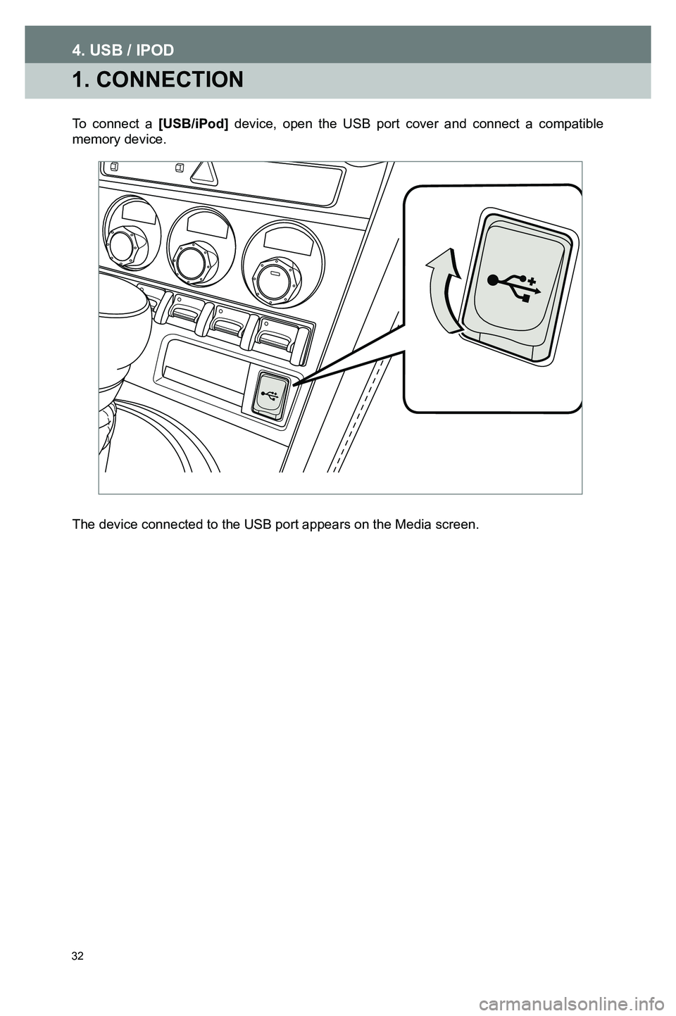 TOYOTA GT86 2020  Accessories, Audio & Navigation (in English) 32
1. CONNECTION
To connect a [USB/iPod] device, open the USB port cover and connect a compatible memory device.
The device connected to the USB port appears on the Media screen.
3791947_19_Toyota_Rad