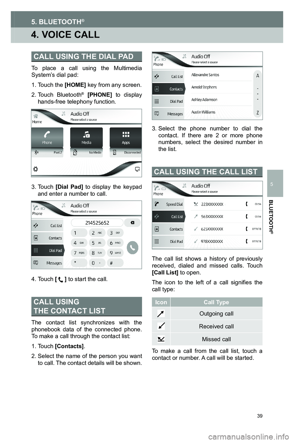TOYOTA GT86 2020  Accessories, Audio & Navigation (in English) 39
4. VOICE CALL
5. BLUETOOTH®
CALL USING THE DIAL PAD
To place a call using the Multimedia System’s dial pad:
1.  Touch  the [HOME] key from any screen.
2.  Touch  Bluetooth® [PHONE] to display h