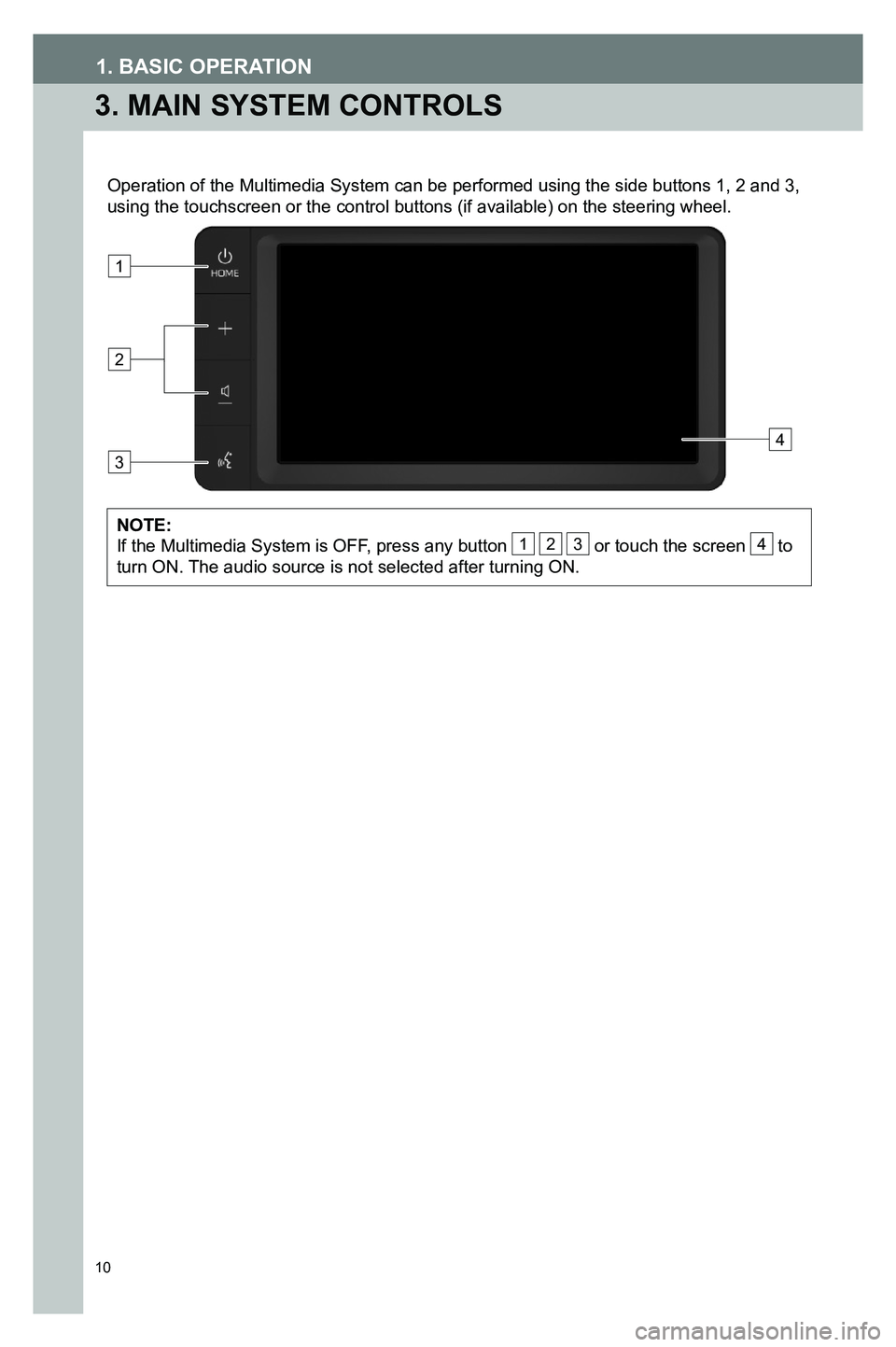 TOYOTA GT86 2020  Accessories, Audio & Navigation (in English) 10
1. BASIC OPERATION
3. MAIN SYSTEM CONTROLS
Operation of the Multimedia System can be performed using the side butto\
ns 1, 2 and 3, using the touchscreen or the control buttons (if available) on th