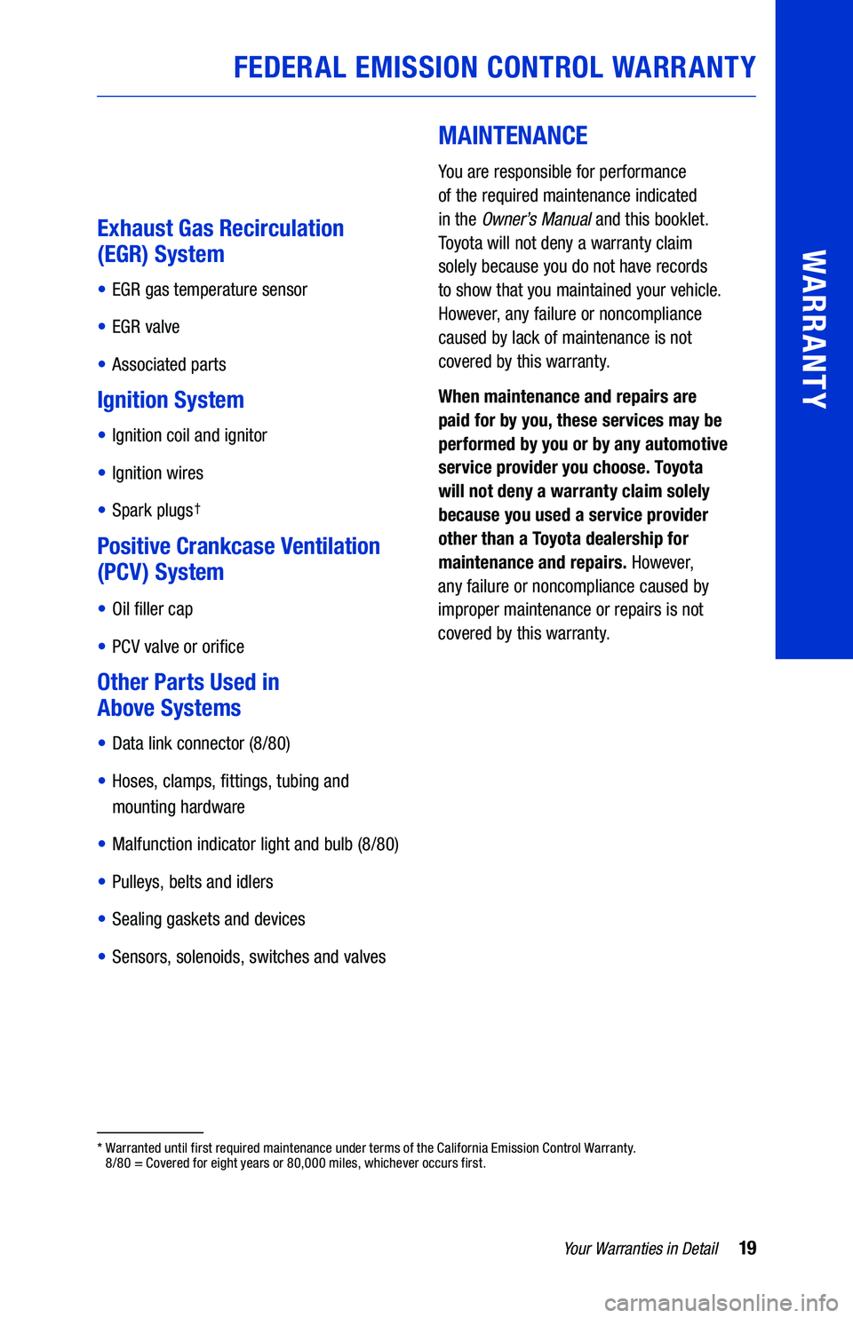 TOYOTA GT86 2020  Warranties & Maintenance Guides (in English) 19Your Warranties in Detail
WARRANTYExhaust Gas Recirculation 
(EGR) System
• EGR gas temperature sensor
• EGR valve
• Associated parts
Ignition System
• Ignition coil and ignitor
• Ignition