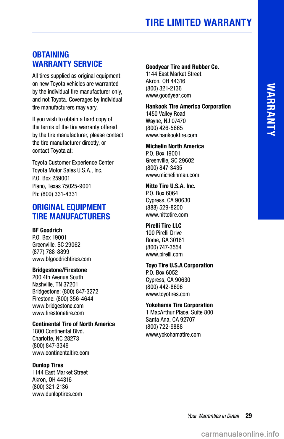 TOYOTA GT86 2020  Warranties & Maintenance Guides (in English) 29Your Warranties in Detail
WARRANTY
OBTAINING  
WARRANTY SERVICE
All tires supplied as original equipment  
on new Toyota vehicles are warranted  
by the individual tire manufacturer only,   
and not