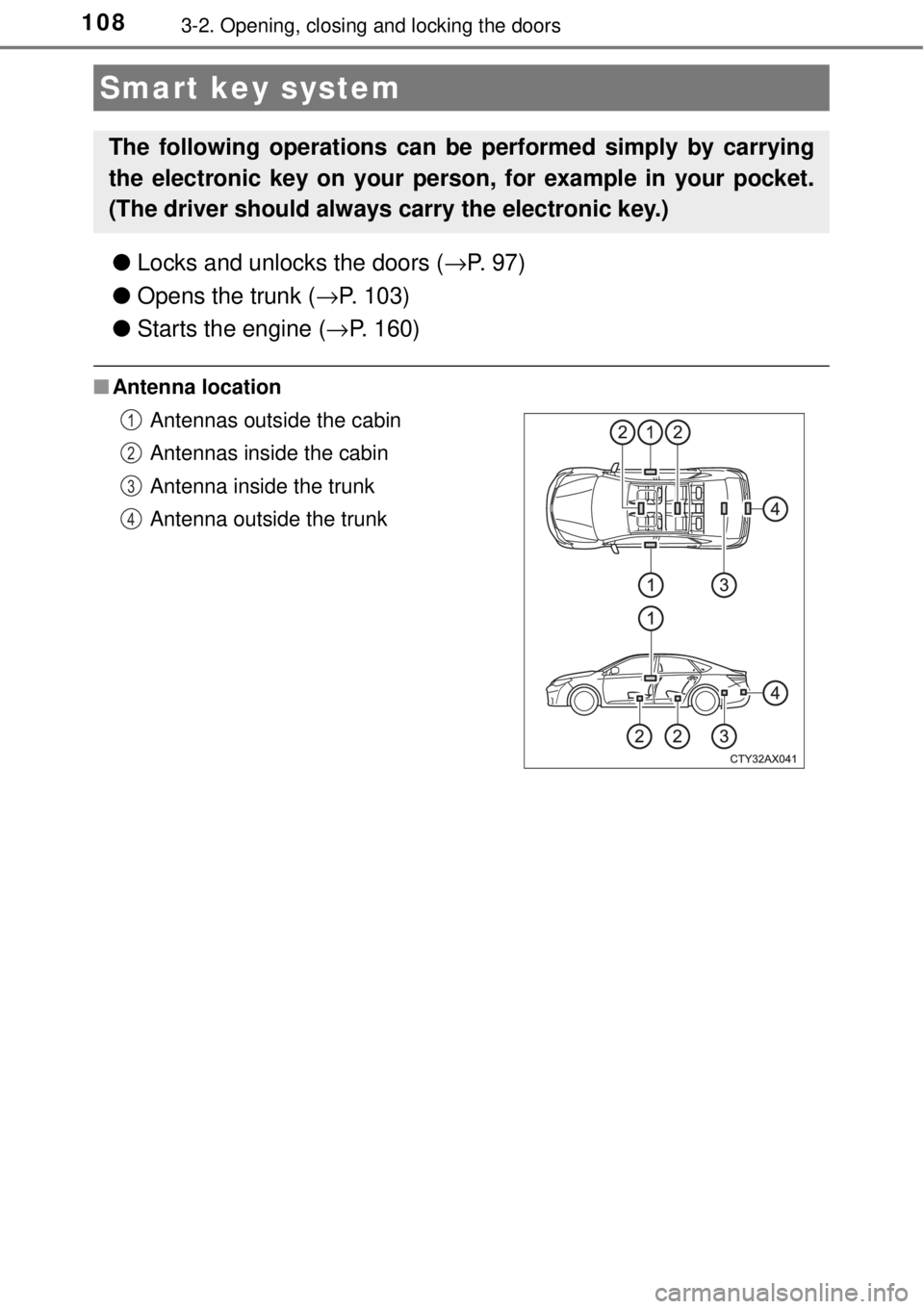 TOYOTA AVALON 2018  Owners Manual (in English) 1083-2. Opening, closing and locking the doors
●Locks and unlocks the doors ( →P. 97)
● Opens the trunk ( →P. 103)
● Starts the engine ( →P. 160)
■Antenna location
Smart key system
The f