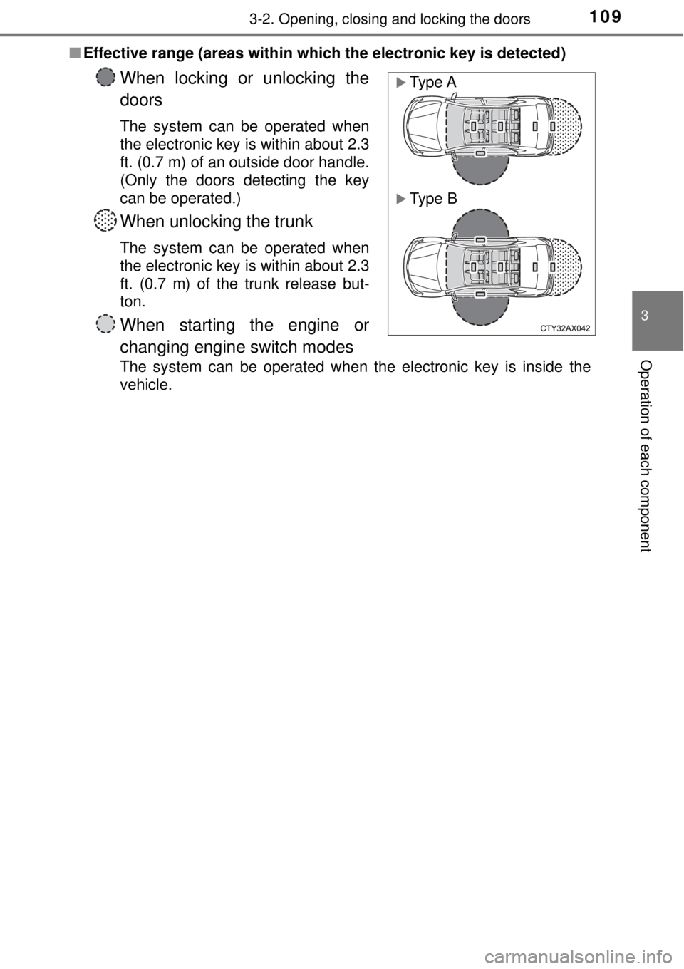 TOYOTA AVALON 2018  Owners Manual (in English) 1093-2. Opening, closing and locking the doors
3
Operation of each component
■Effective range (areas within which the electronic key is detected)
When locking or unlocking the
doors
The system can b