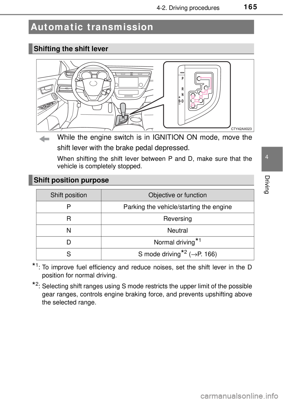 TOYOTA AVALON 2018 Owners Manual (in English) 1654-2. Driving procedures
4
Driving
While the engine switch is in IGNITION ON mode, move the
shift lever with the brake pedal depressed.
When shifting the shift lever between P and D, make sure that TOYOTA AVALON 2018 Owners Manual (in English) 1654-2. Driving procedures
4
Driving
While the engine switch is in IGNITION ON mode, move the
shift lever with the brake pedal depressed.
When shifting the shift lever between P and D, make sure that