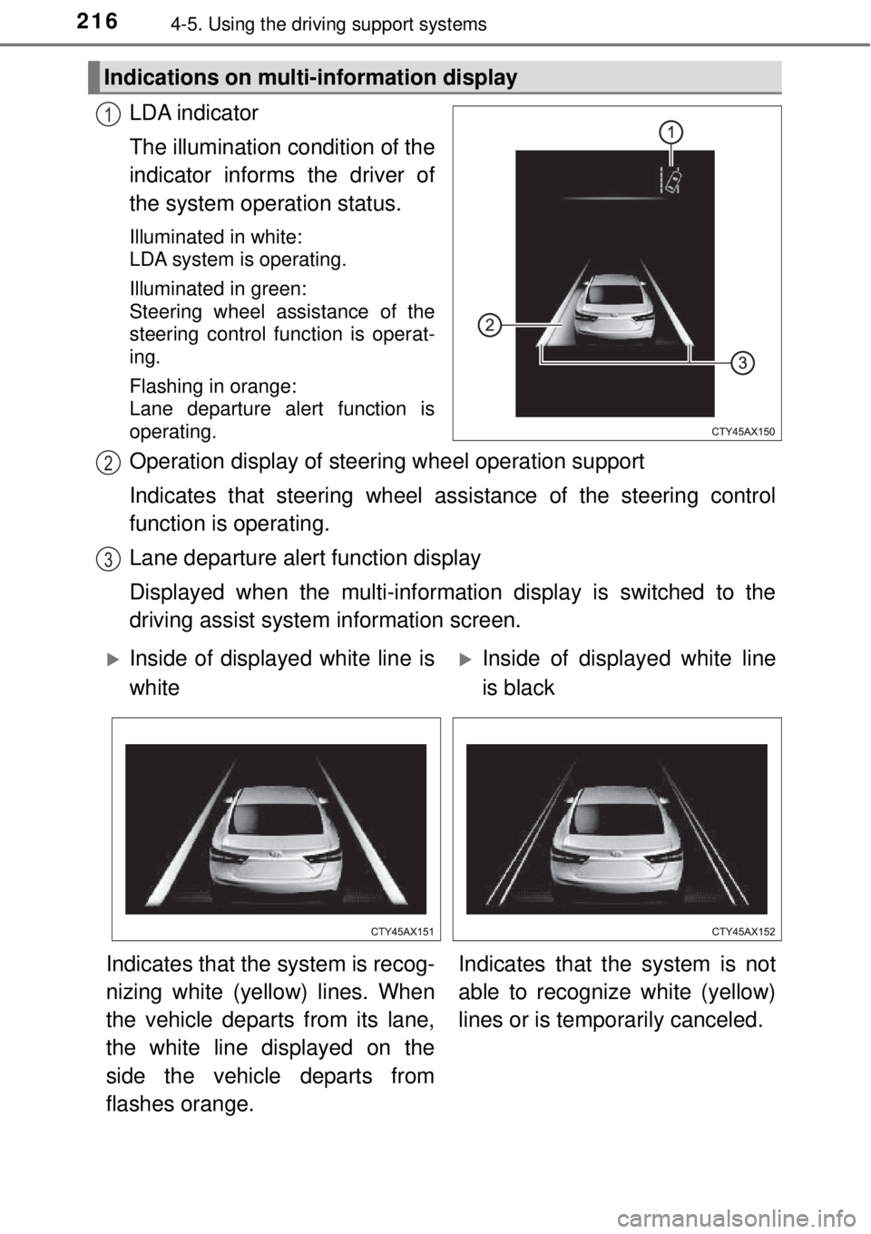 TOYOTA AVALON 2018 Owners Manual (in English) 2164-5. Using the driving support systems
LDA indicator
The illumination condition of the
indicator informs the driver of
the system operation status.
Illuminated in white:
LDA system is operating.
I TOYOTA AVALON 2018 Owners Manual (in English) 2164-5. Using the driving support systems
LDA indicator
The illumination condition of the
indicator informs the driver of
the system operation status.
Illuminated in white:
LDA system is operating.
I