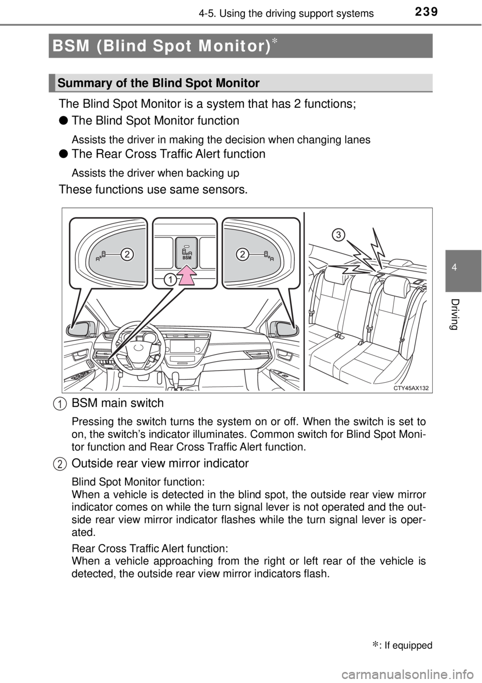 TOYOTA AVALON 2018  Owners Manual (in English) 2394-5. Using the driving support systems
4
Driving
The Blind Spot Monitor is a system that has 2 functions;
● The Blind Spot Monitor function
Assists the driver in making the decision when changing