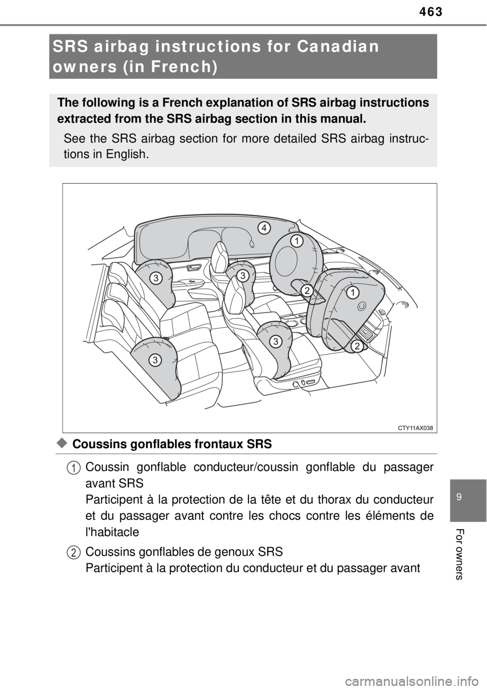 TOYOTA AVALON 2018 Owners Manual (in English) 463
9
For owners
◆Coussins gonflables frontaux SRSCoussin gonflable conducteur/c oussin gonflable du passager
avant SRS
Participent à la protection de la tête et du thorax du conducteur
et du pas TOYOTA AVALON 2018 Owners Manual (in English) 463
9
For owners
◆Coussins gonflables frontaux SRSCoussin gonflable conducteur/c oussin gonflable du passager
avant SRS
Participent à la protection de la tête et du thorax du conducteur
et du pas