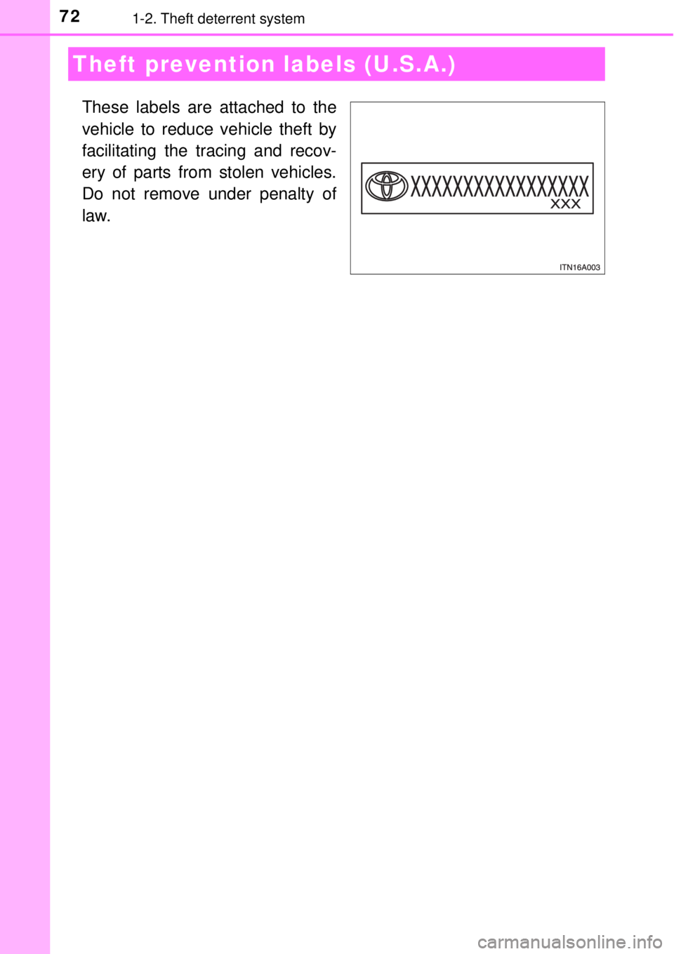 TOYOTA AVALON 2018   (in English) Manual PDF 721-2. Theft deterrent system
These labels are attached to the
vehicle to reduce vehicle theft by
facilitating the tracing and recov-
ery of parts from stolen vehicles.
Do not remove under penalty of
