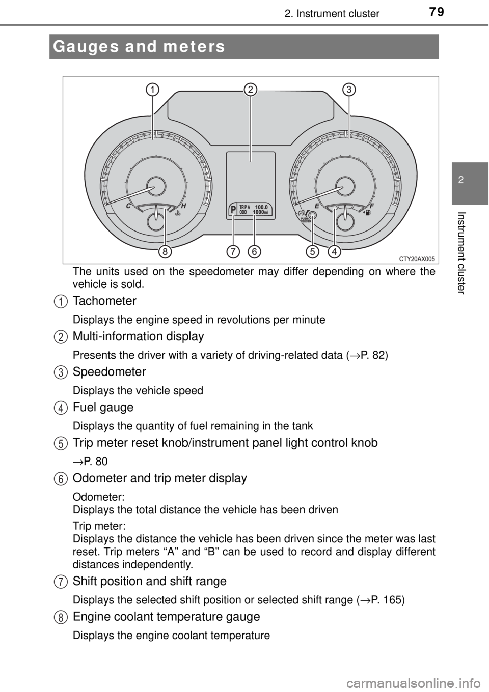 TOYOTA AVALON 2018   (in English) Manual PDF 792. Instrument cluster
2
Instrument cluster
The units used on the speedometer may differ depending on where the
vehicle is sold.
Tachometer
Displays the engine speed in revolutions per minute
Multi-i